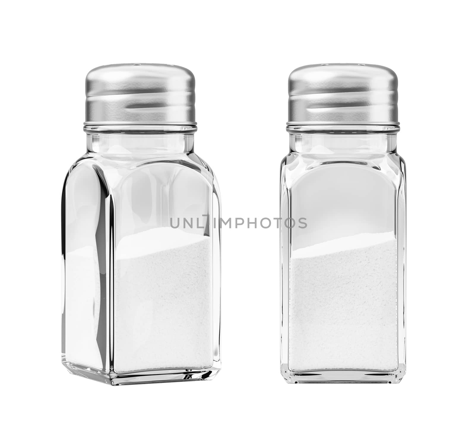 Salt in a Glassy Salt Shaker with Metallic Screw Cap Isolated on White Background 3D Illustration