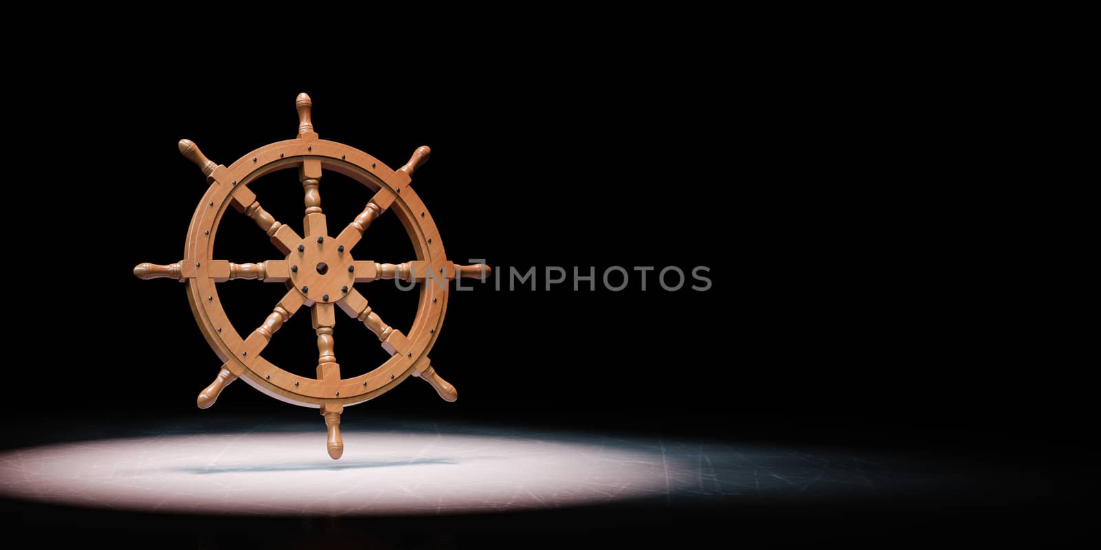 Wooden Rudder Wheel Spotlighted on Black Background with Copy Space 3D Illustration