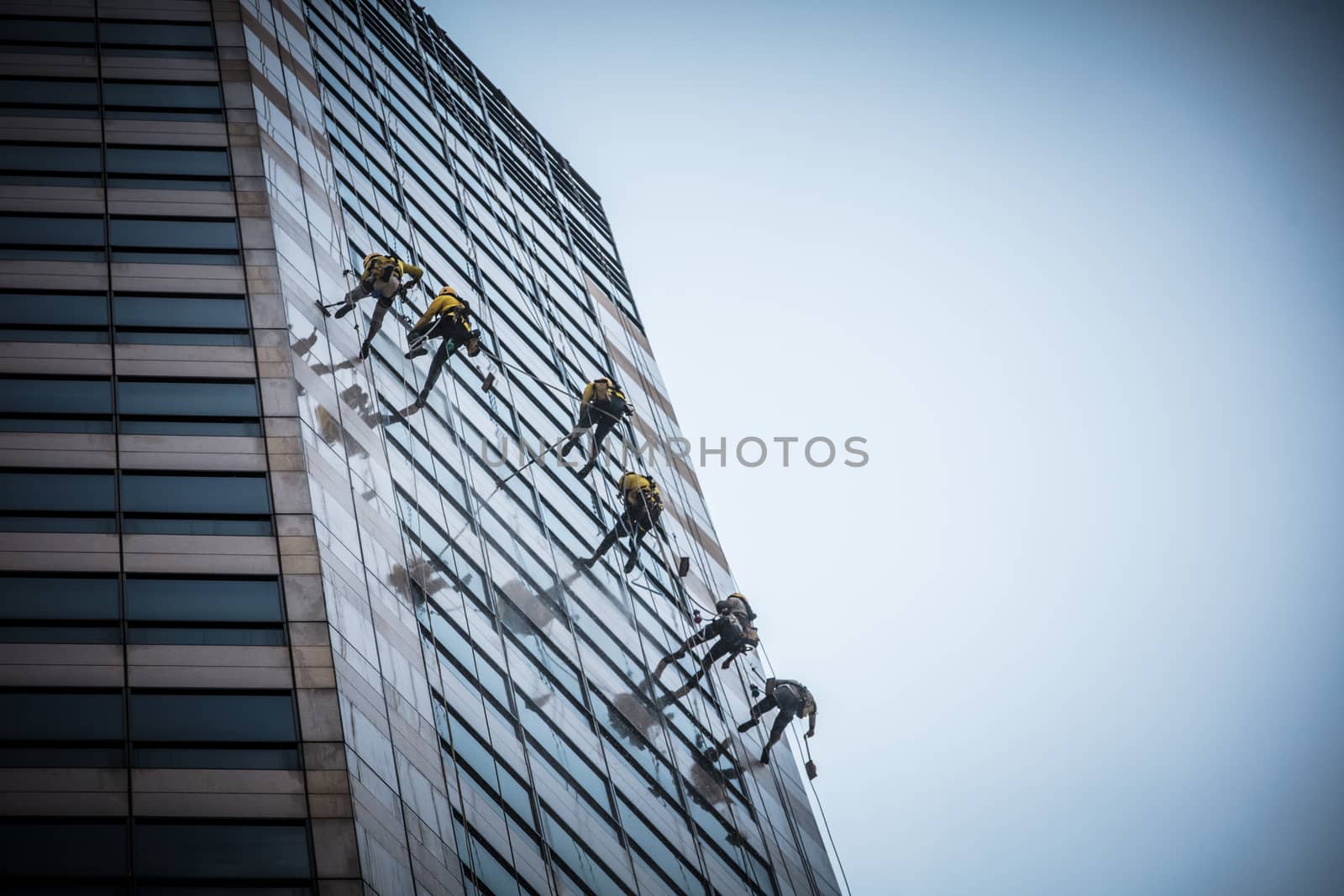 Laborers clean windows as a team on a skyscraper in downtown Singapore