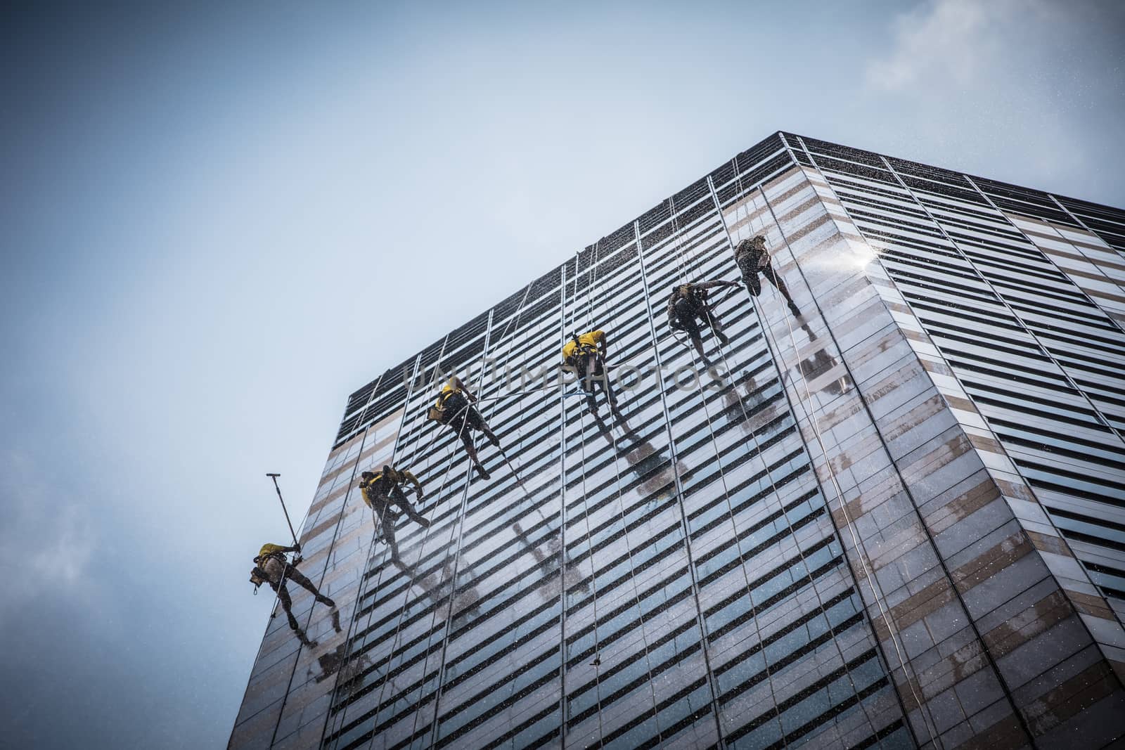 Laborers clean windows as a team on a skyscraper in downtown Singapore