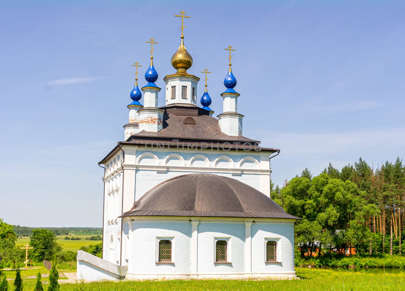 Vvedensky church on the territory of the Holy Vvedensky Makaryevsky Zhabyn Monastery, summer, front view.