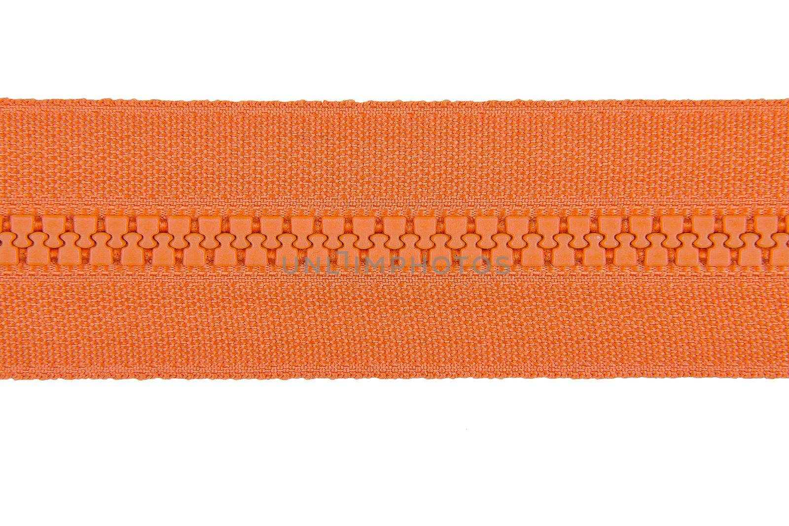 Closed orange zipper isolated on white background. Orange zipper for tailor sewing. by mtx