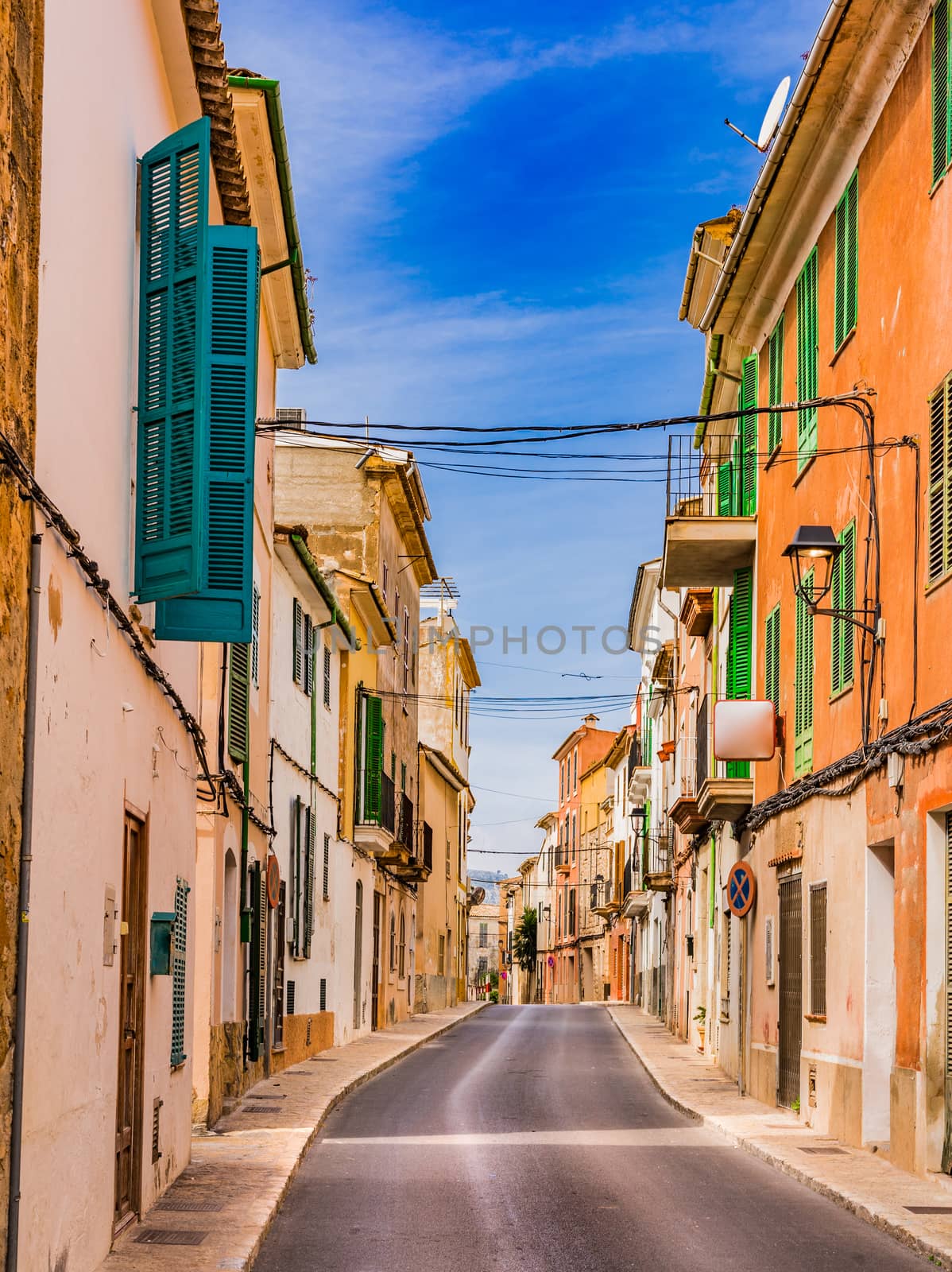 Empty street in the old mediterranean town of Andratx, Mallorca Spain