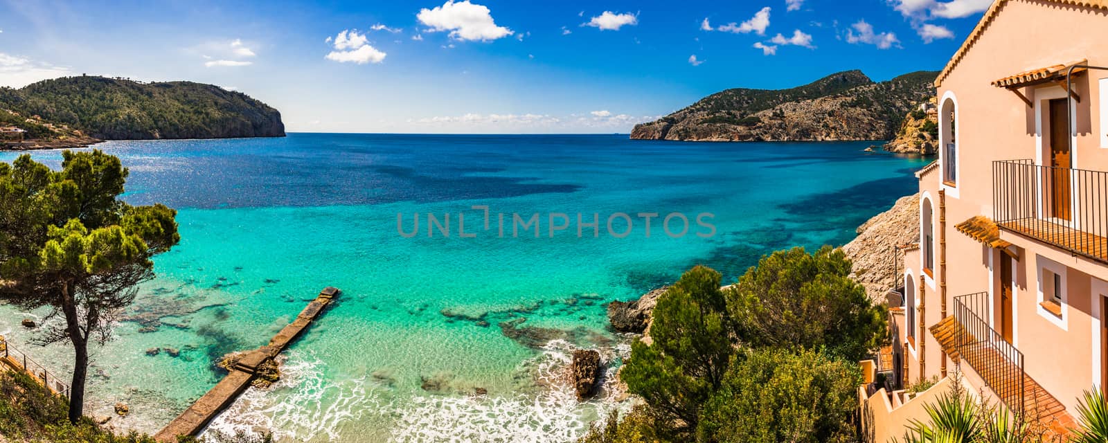 Idyllic sea view of bay in Camp de Mar, beautiful seaside on Mallorca island, Spain