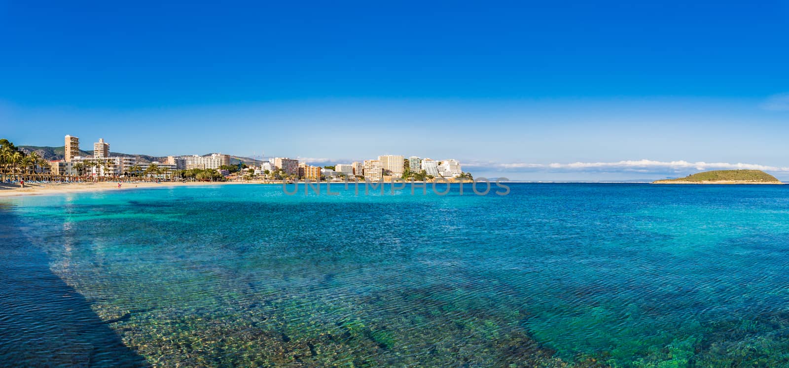 Mallorca island, panoramic view of coastline beach in Magaluf, Spain Mediterranean sea