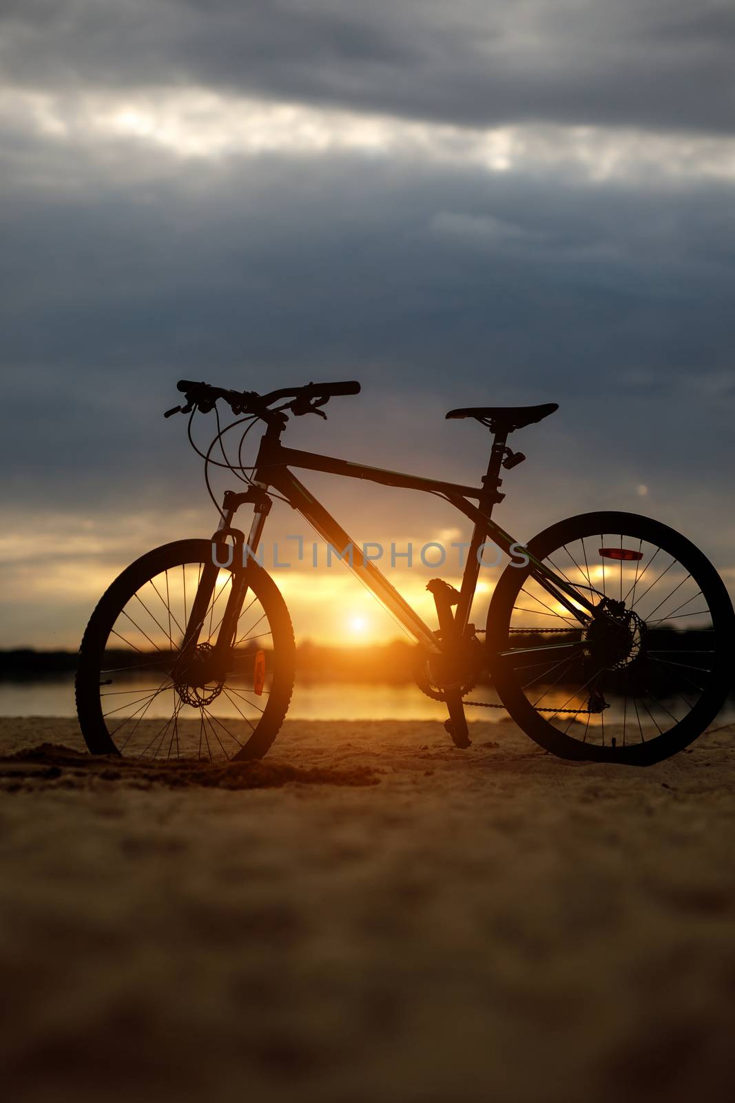 Silhouette of sports bicycle on a beach. Sunset. by 9parusnikov