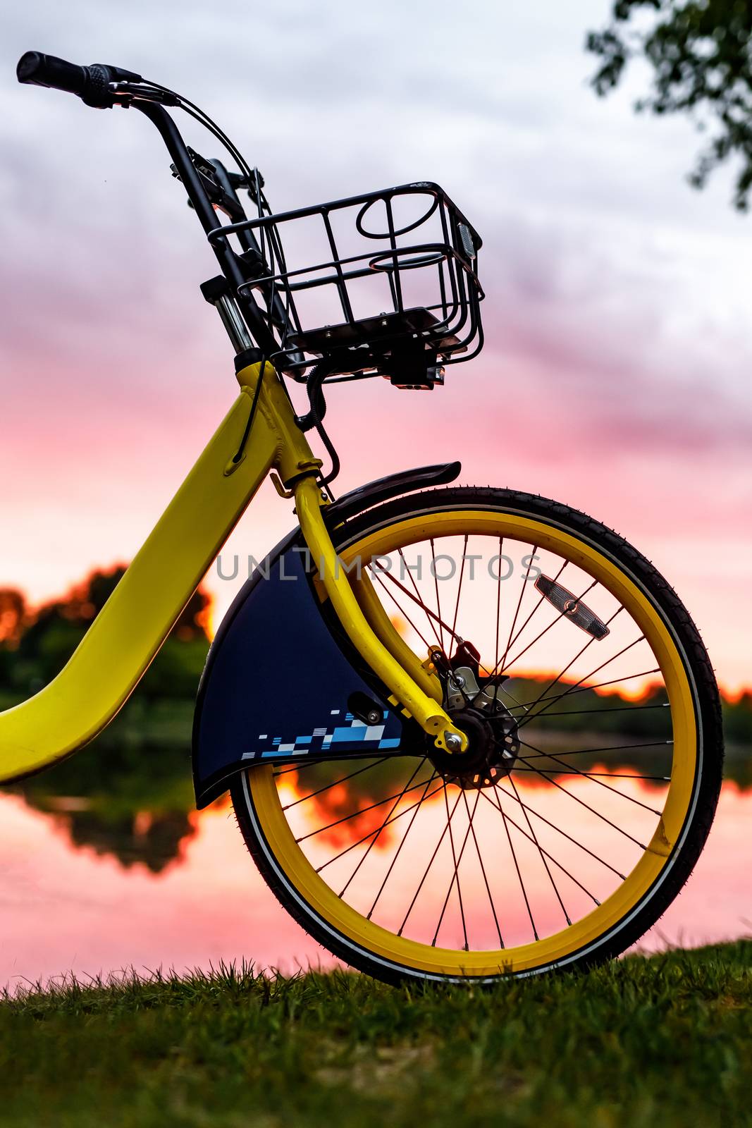 Front wheel of a yellow bike on the lake. Sunset. by 9parusnikov