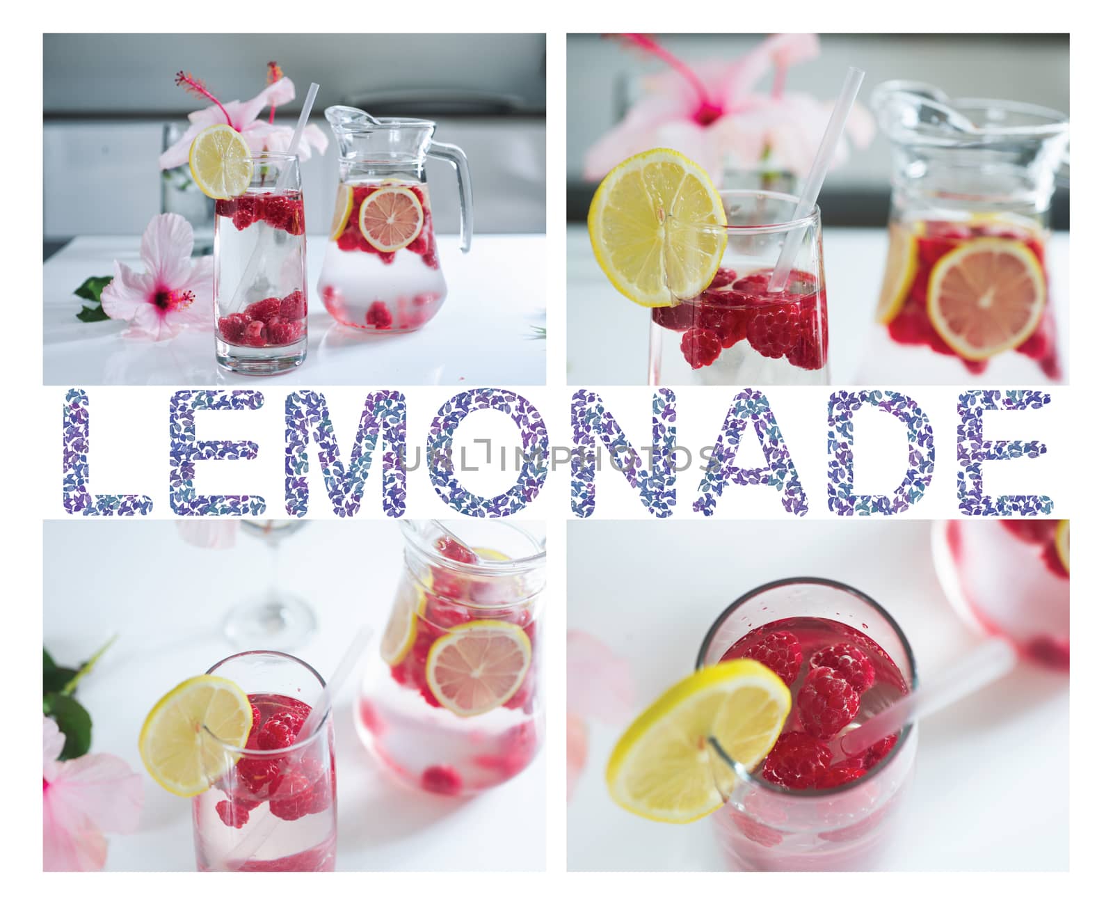 Tasty Lemonade with fresh raspberries and lemon slice on white background. Home made fresh Summer cold beverage.    