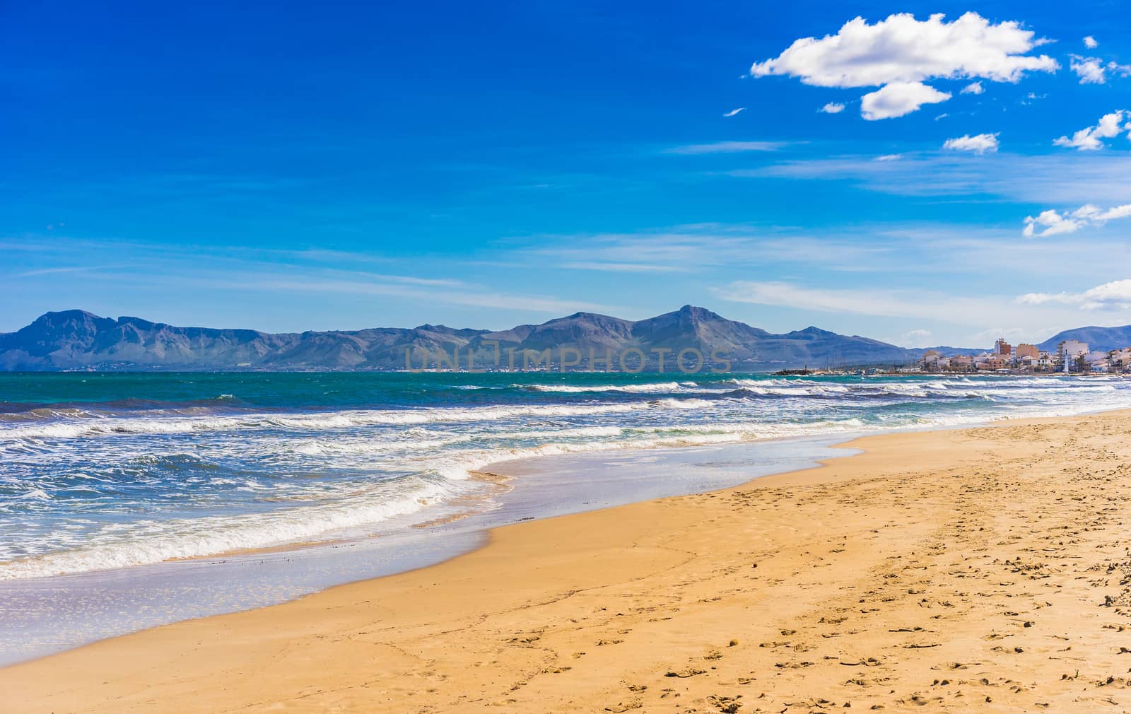 Majorca sand beach at beautiful bay of Alcudia, Spain Balearic islands