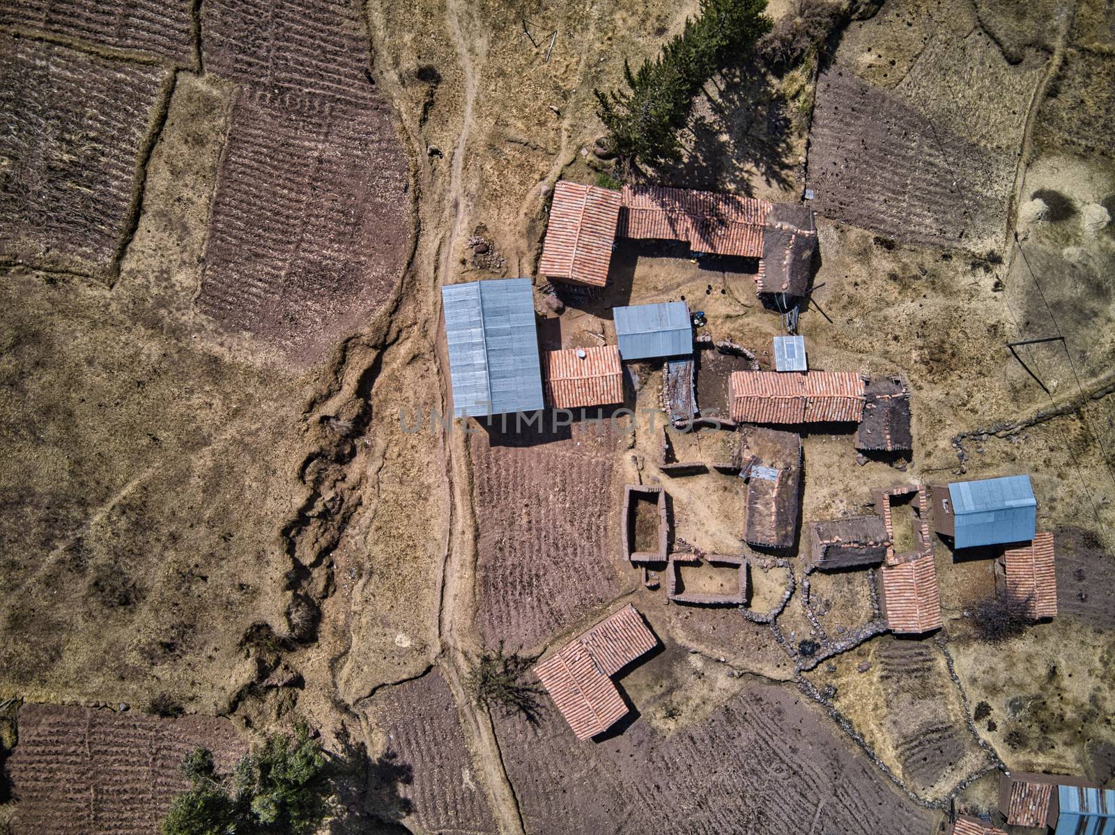 Aerial view of small village located high in Andes, Peru