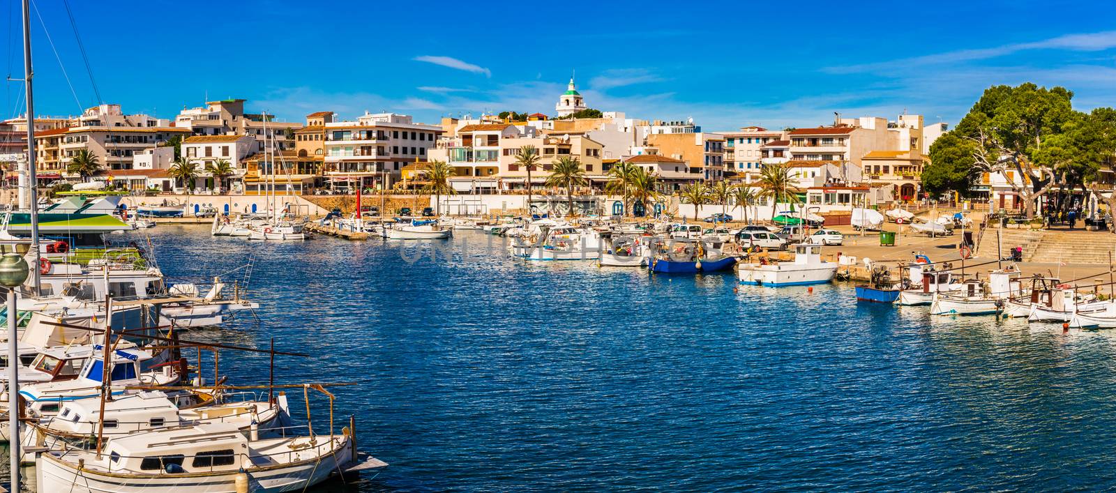 Beautiful panorama view of Cala Ratjada town, idyllic town at coast on Mallorca island, Spain