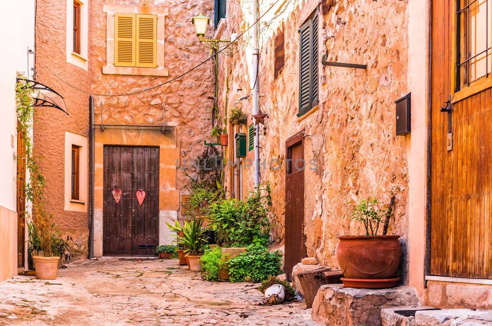 Idyllic view of patio, back yard of mediterranean rustic houses in old village