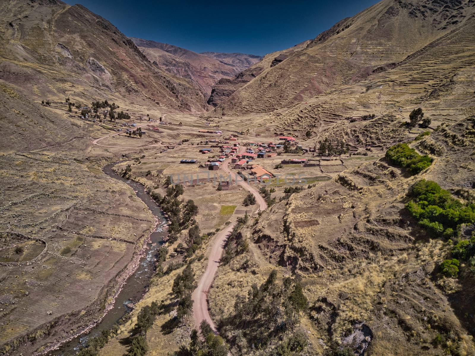 Aerial view of small village located high in Andes, Peru