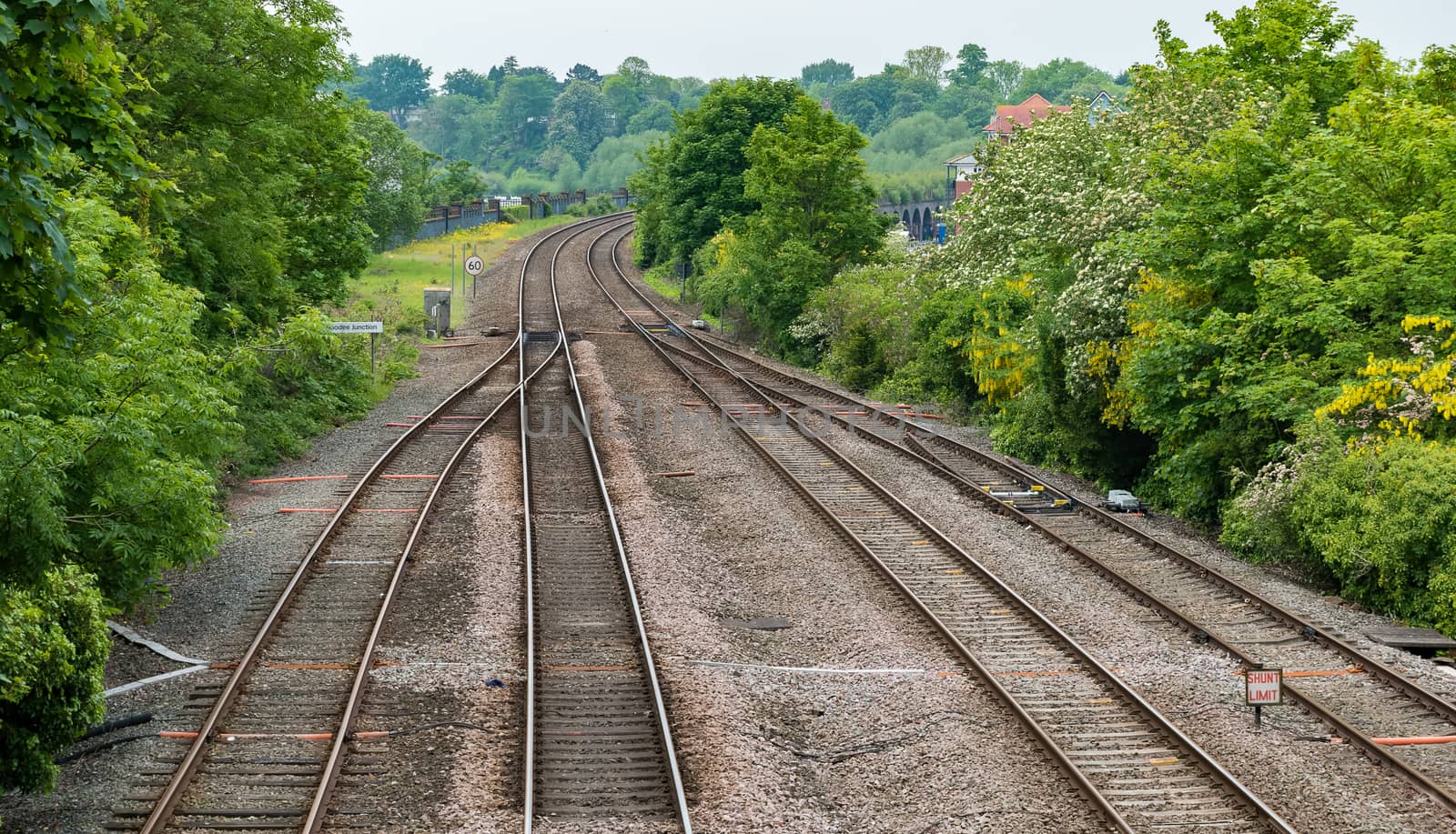 Four railway tracks merging into two