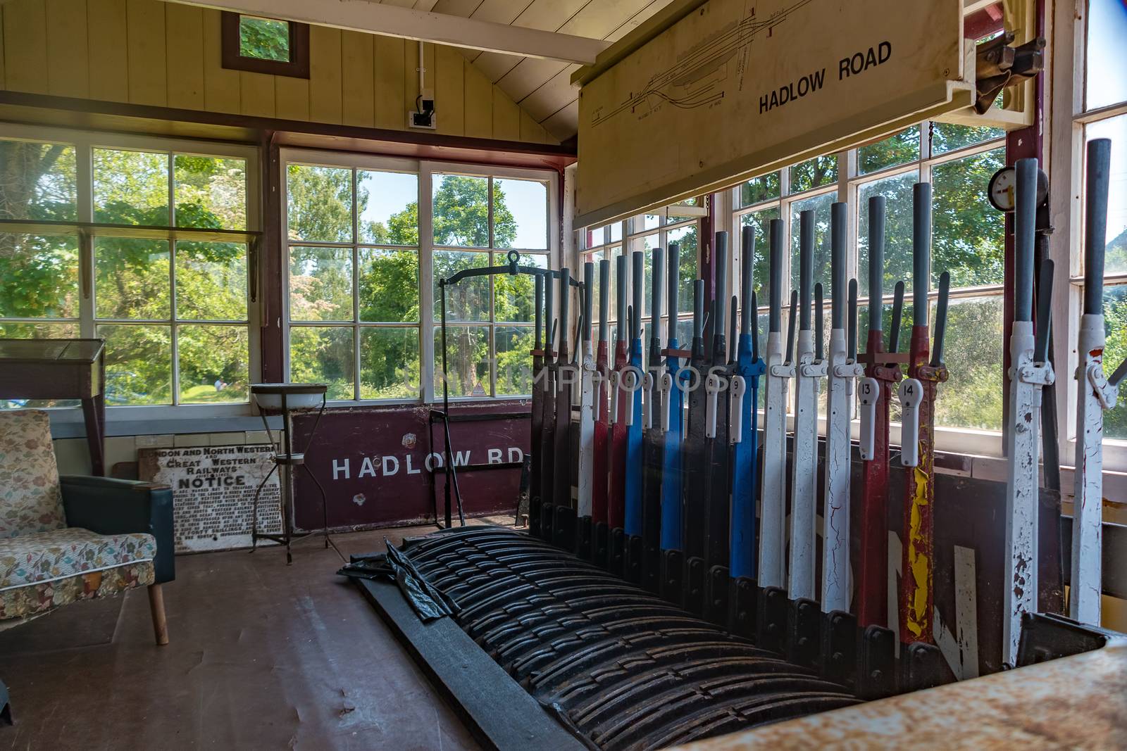 Old style railway signal box control levers