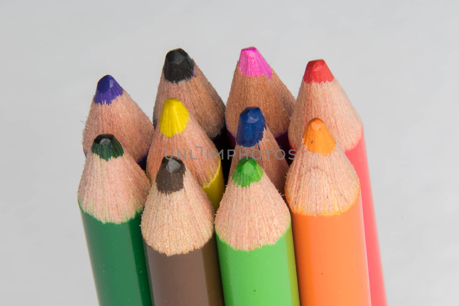 Close up view of different coloured pencils