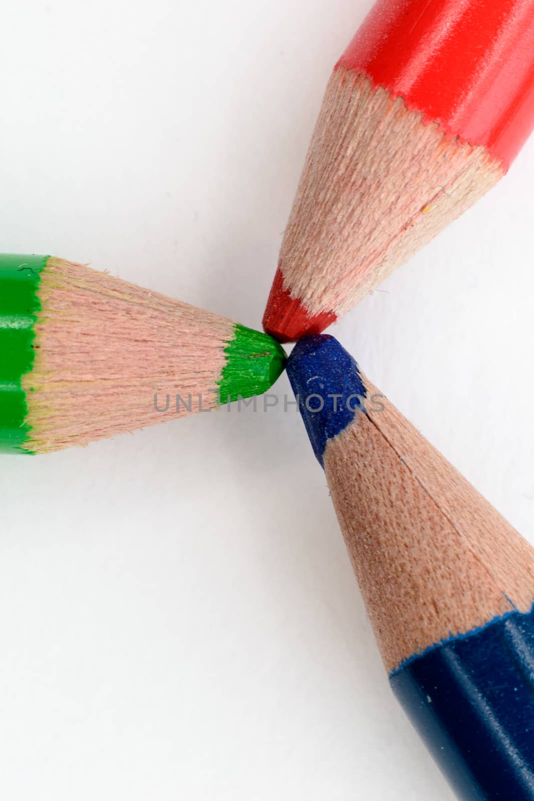 Close up of red, blue and green pencils