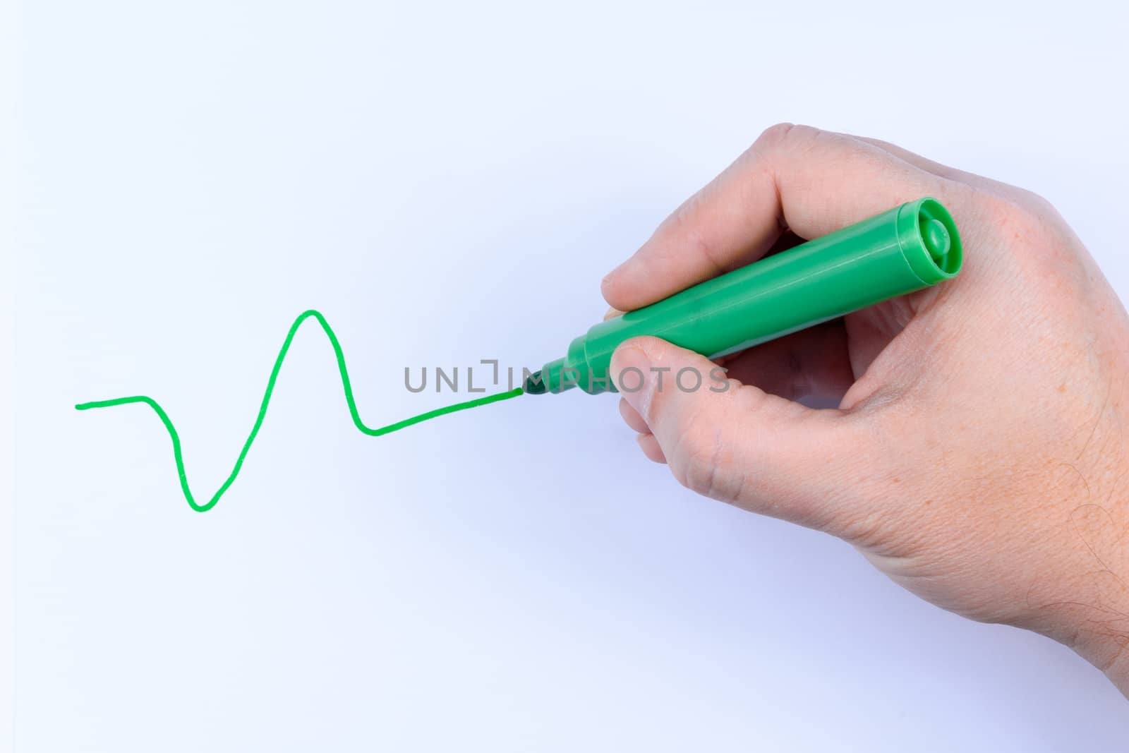 Hand holding a green  pen drawing a wavey line isolated on white background