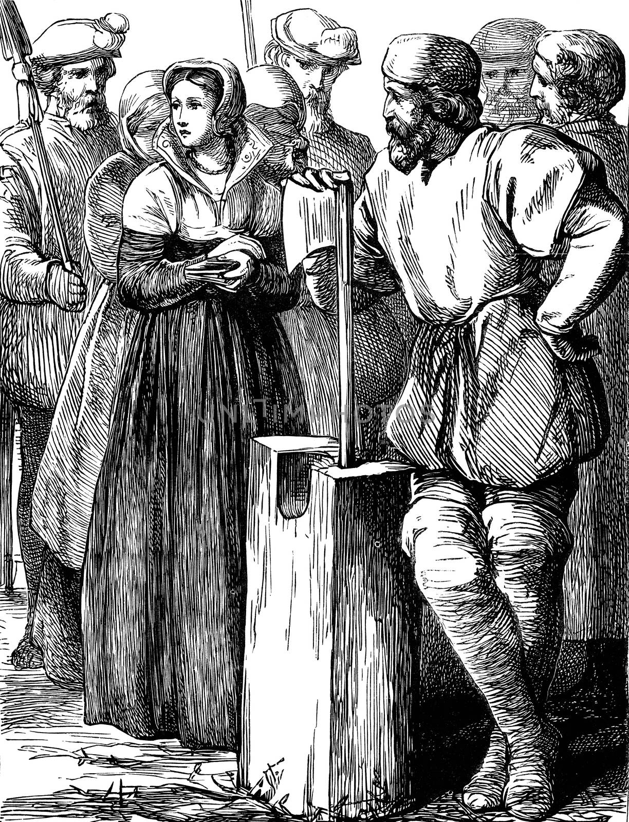 An engraved vintage illustration of the execution of the English queen Lady Jane Grey from a Victorian book dated 1897 that is no longer in copyright