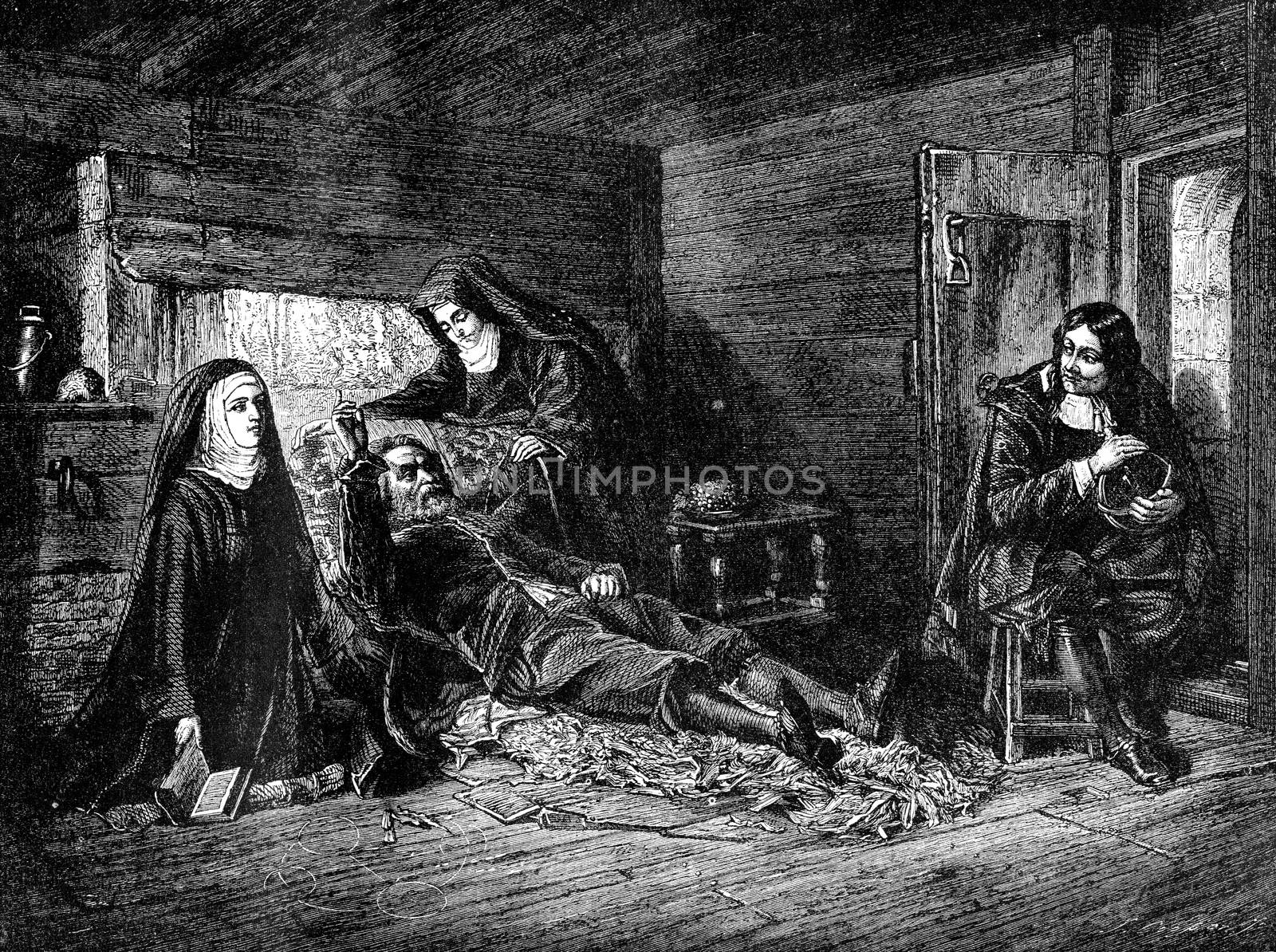 An engraved vintage illustration image of  Milton Visiting Galileo In The Prison Of The Inquisition from a Victorian book dated 1868 that is no longer in copyright