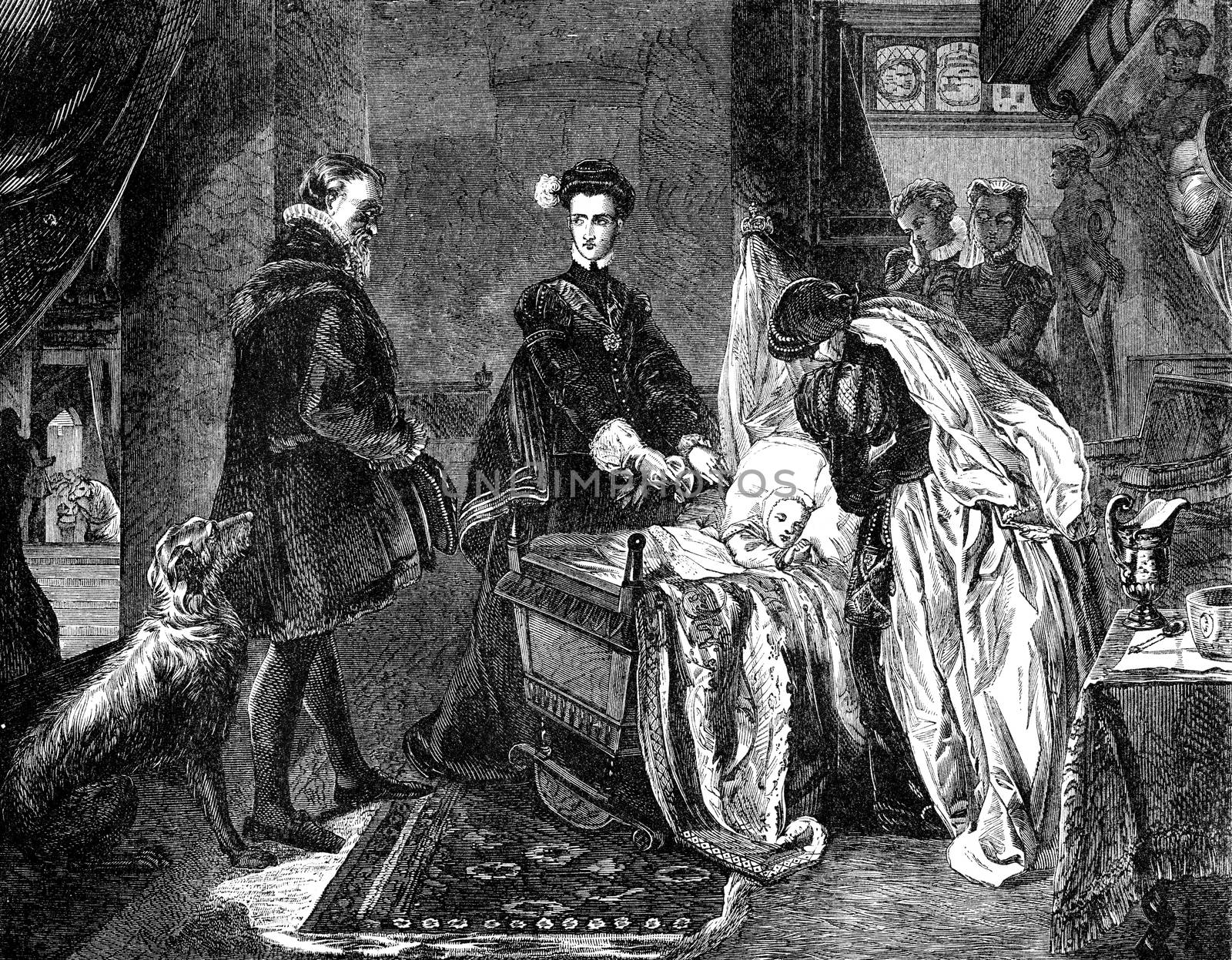 An engraved illustration image of  Mary Queen of Scots leaving S by ant