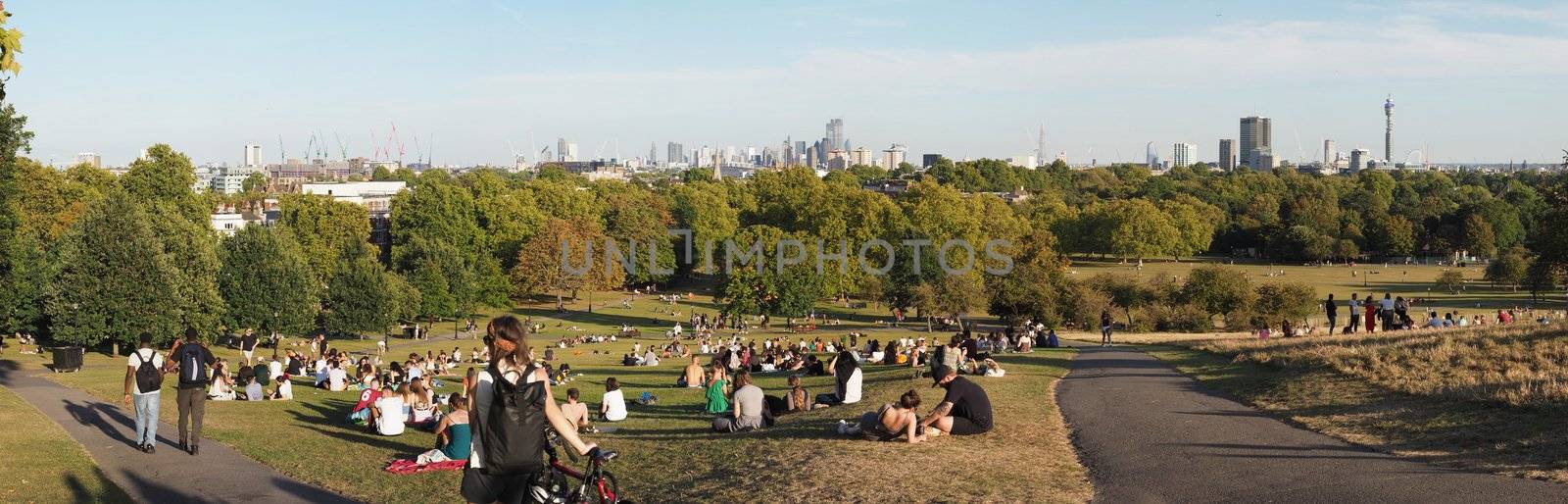 LONDON - CIRCA SEPTEMBER 2019: Wide panoramic view of London skyline seen from Primrose Hill, high resolution