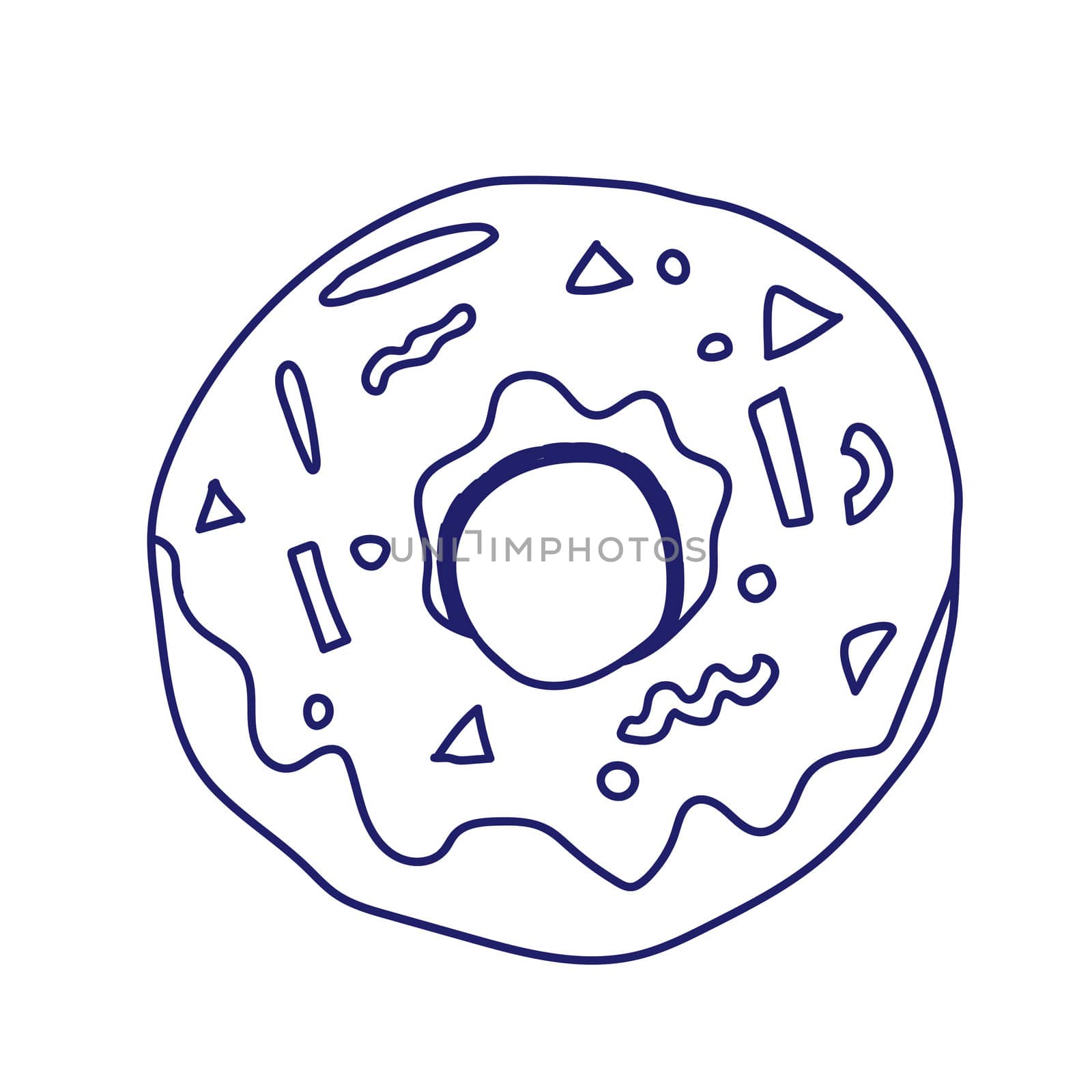 Donut isolated on white background. illustration in a doodle style. Line art. Perfect for restaurant menu design, cafe, kitchen, web site, print on the cloth. Appetizing food image. by zaryov