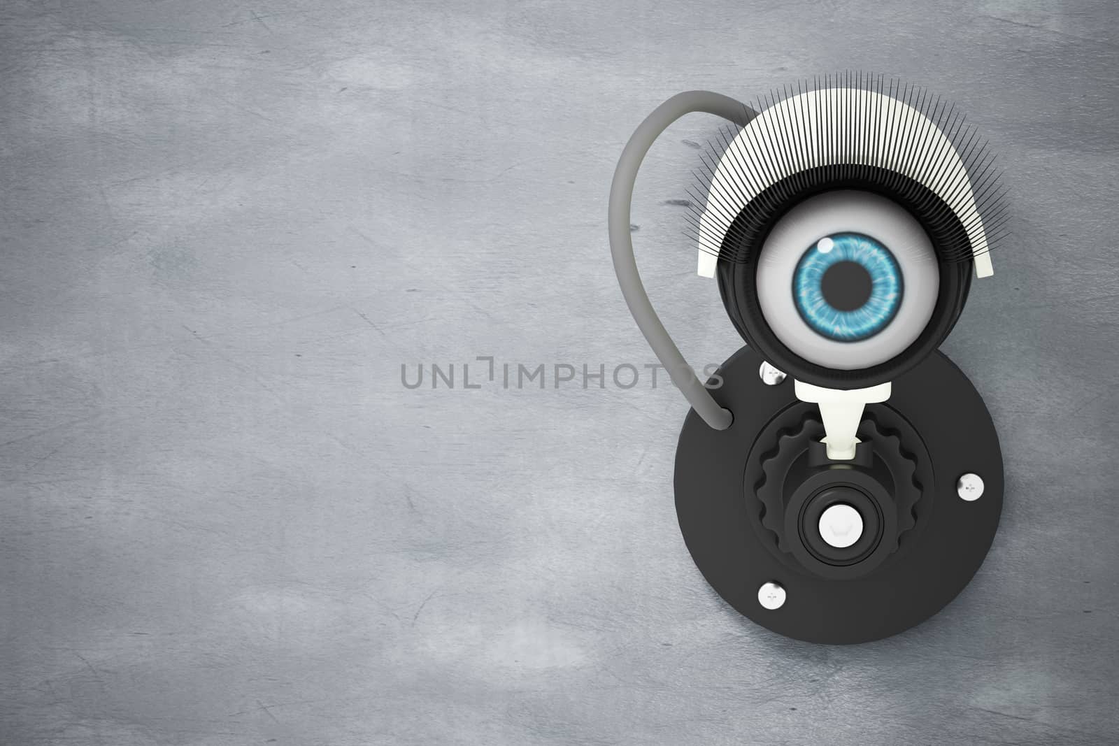 The white CCTV system installed on the cement wall with the eyes instead of the camera lens. The concept of security surveillance is like watching it all the time. 3D illustration rendering.