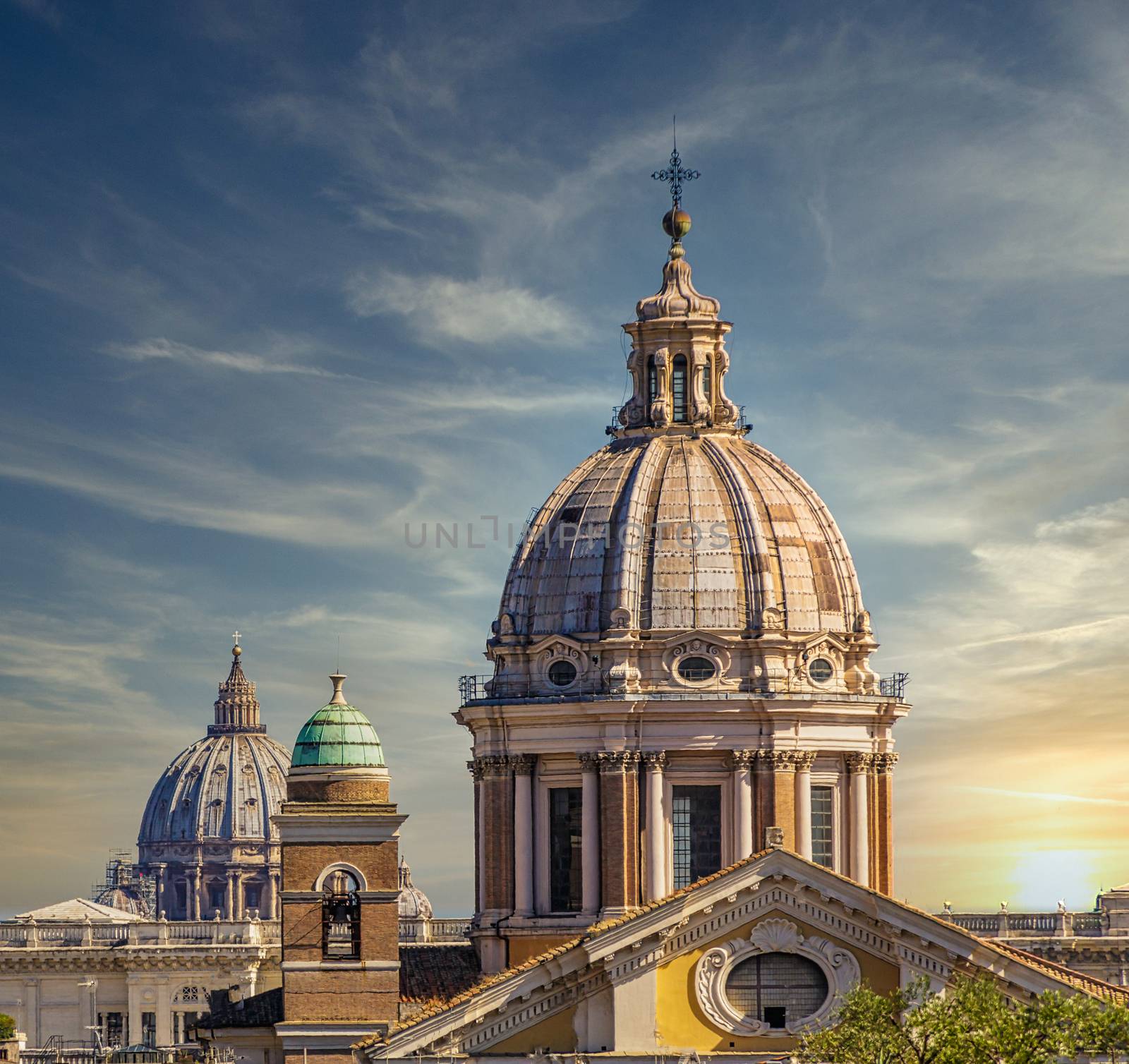 Three Church Domes in Rome under Blue Sky