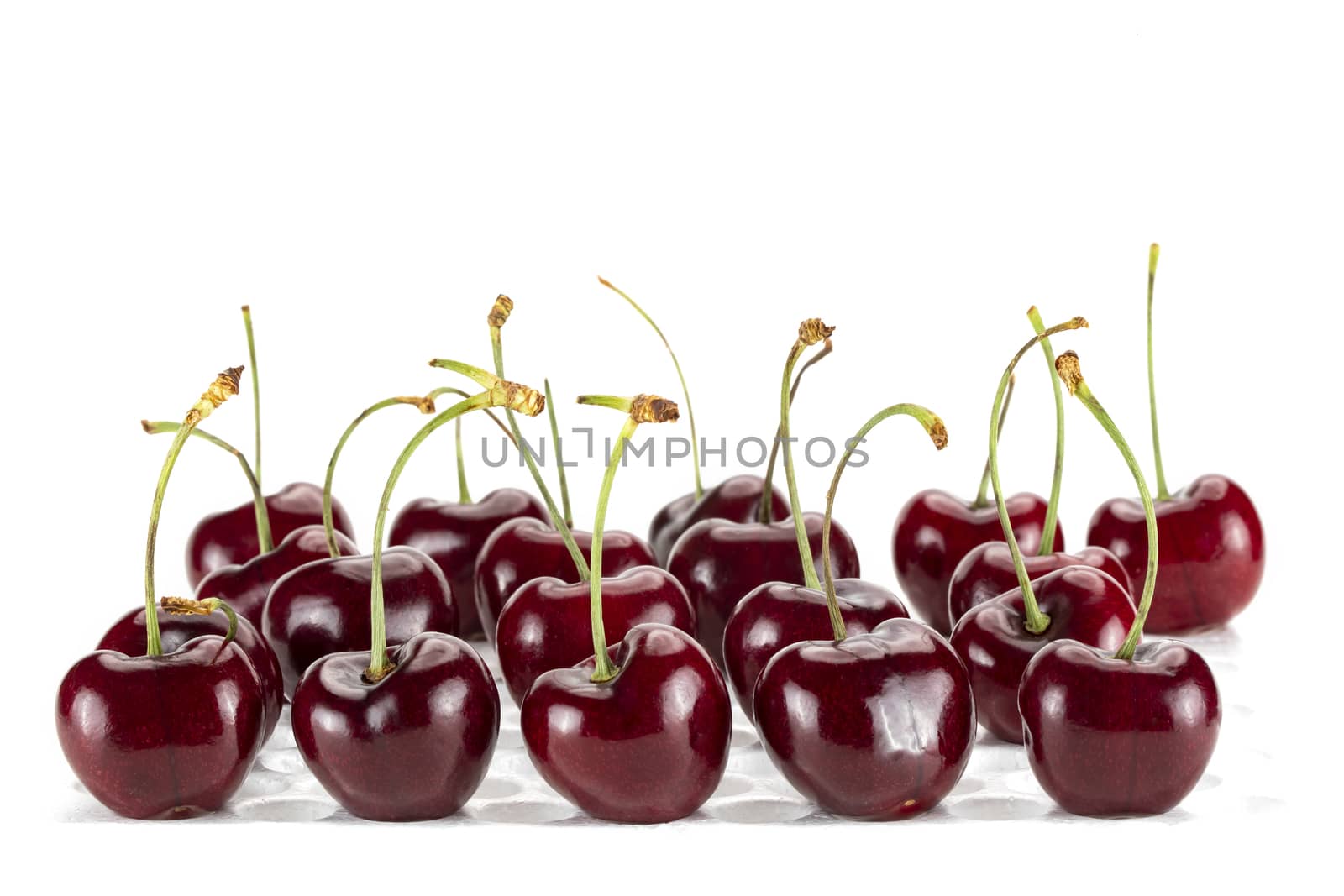 Rows and columns of fresh cherries. Isolated on white background.