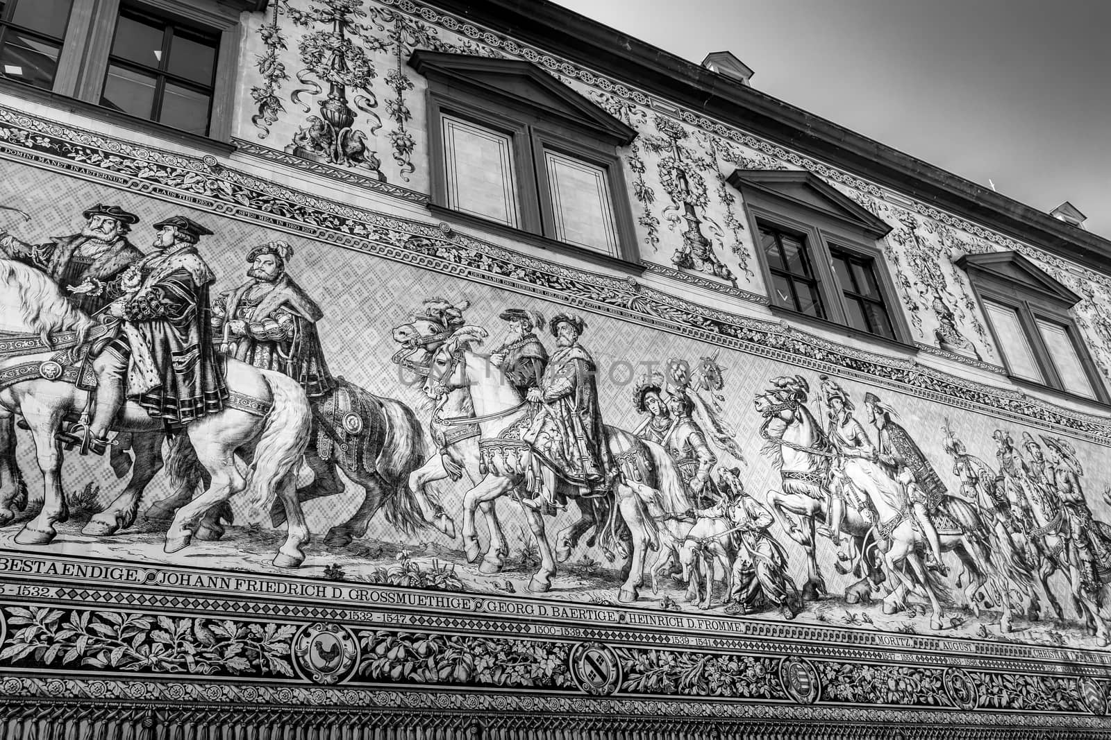 Dresden, Germany. Procession of Princes of Saxony. Black and white photo.