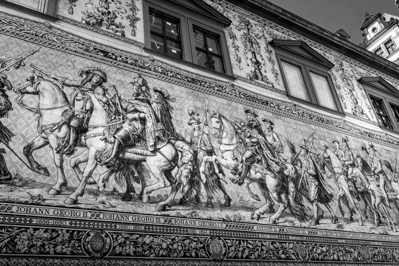 Dresden, Germany. Procession of Princes of Saxony. Black and white photo.