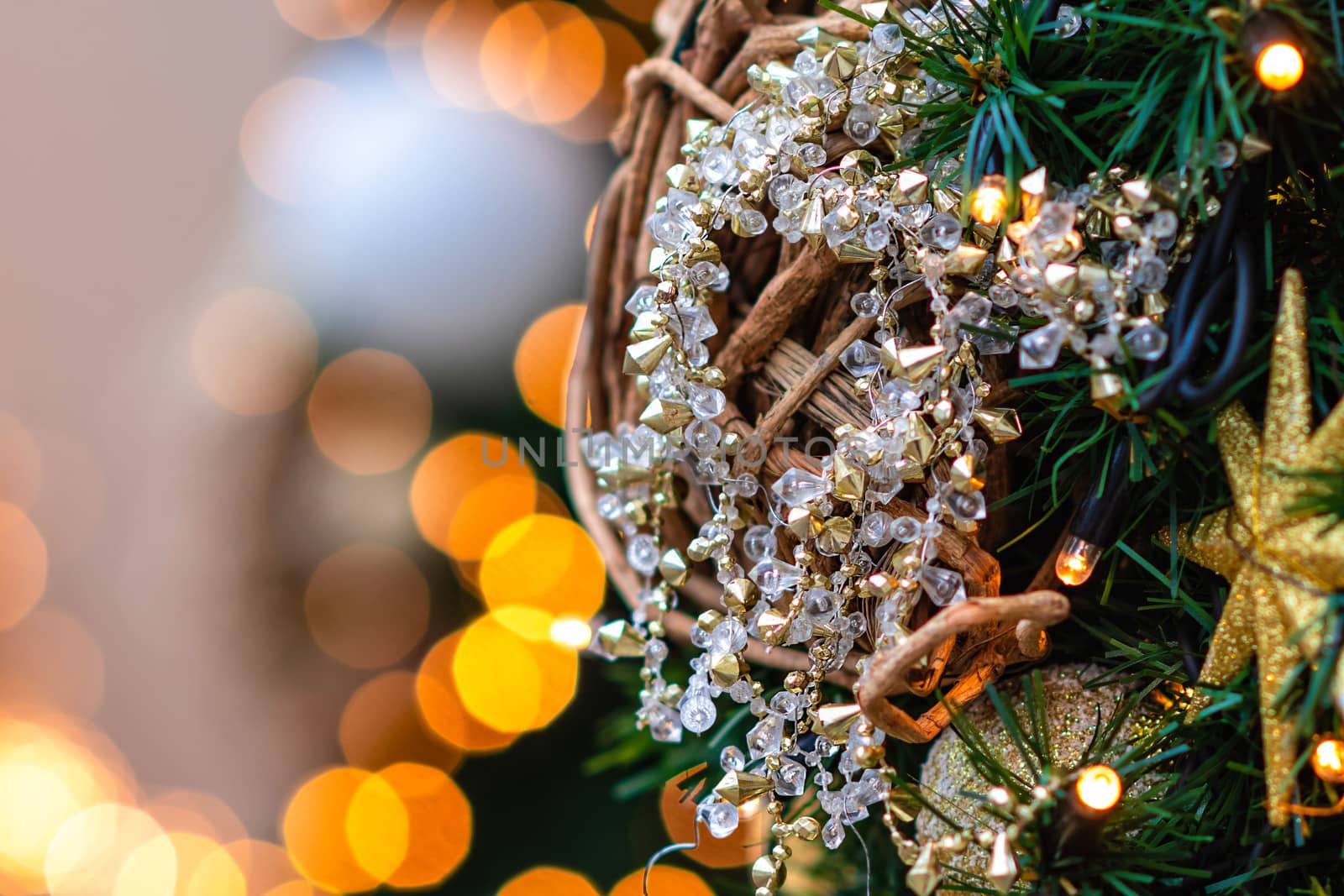 Close-up photo. Christmas decorations and lights.