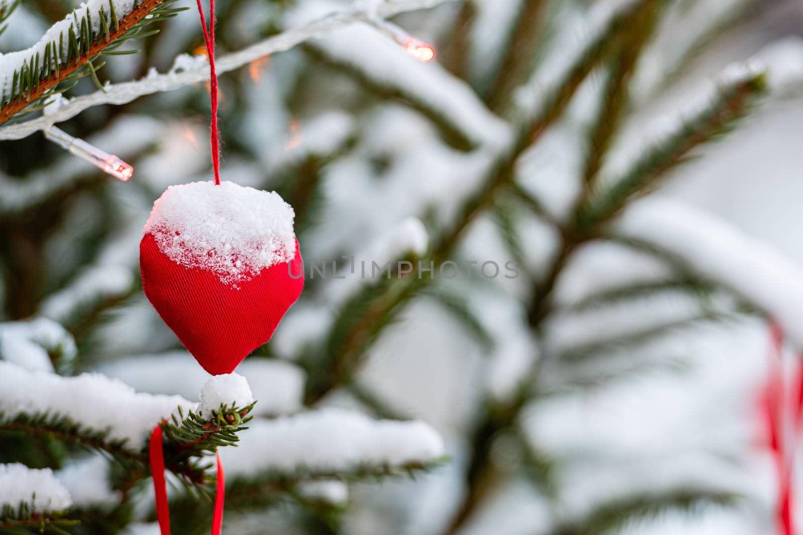 Colorful decorations on snow-covered Christmas tree branches - image