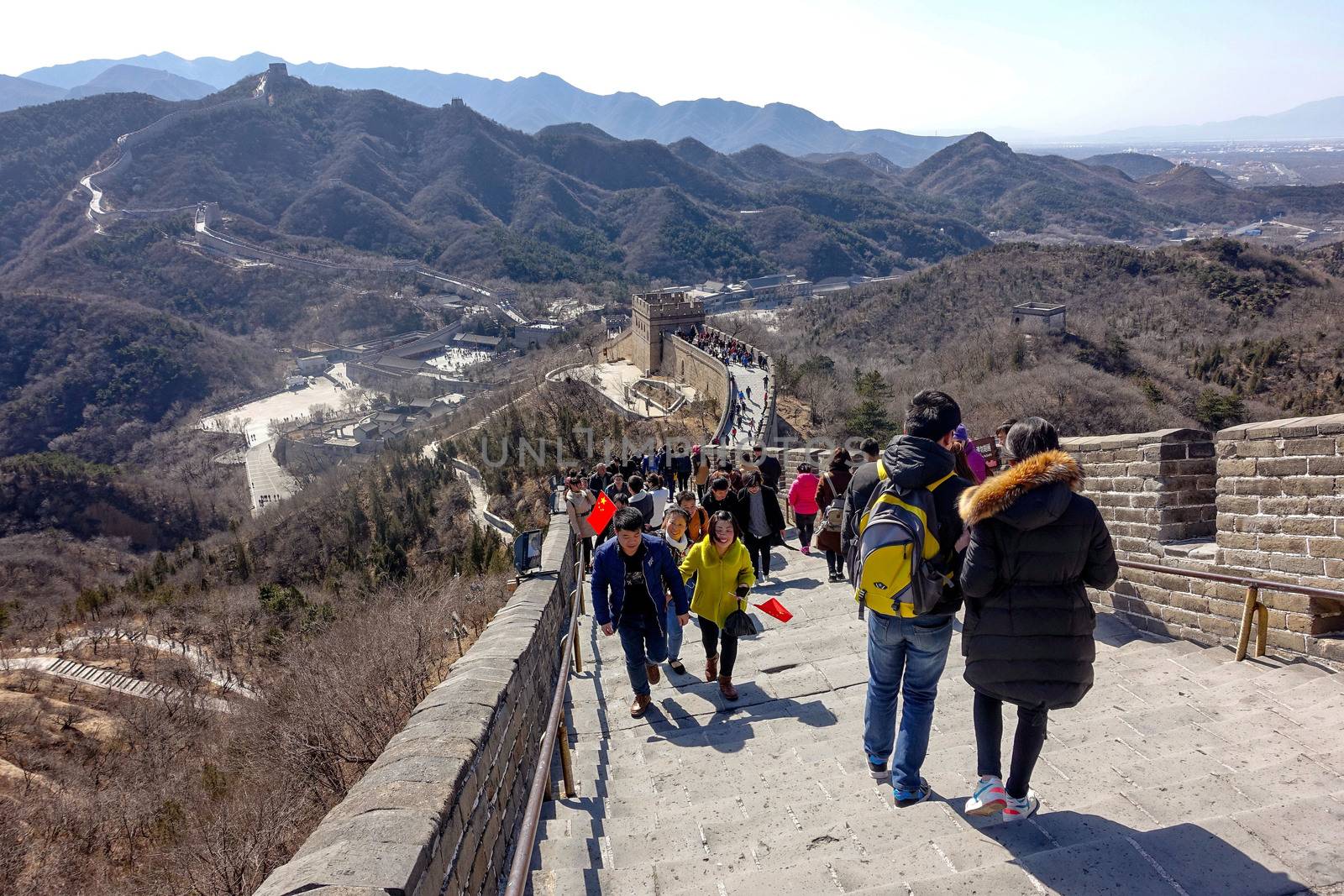 BADALING, CHINA - MARCH  13, 2016: Great Wall of China. Tourists visiting the Great Wall of China near Beijing.