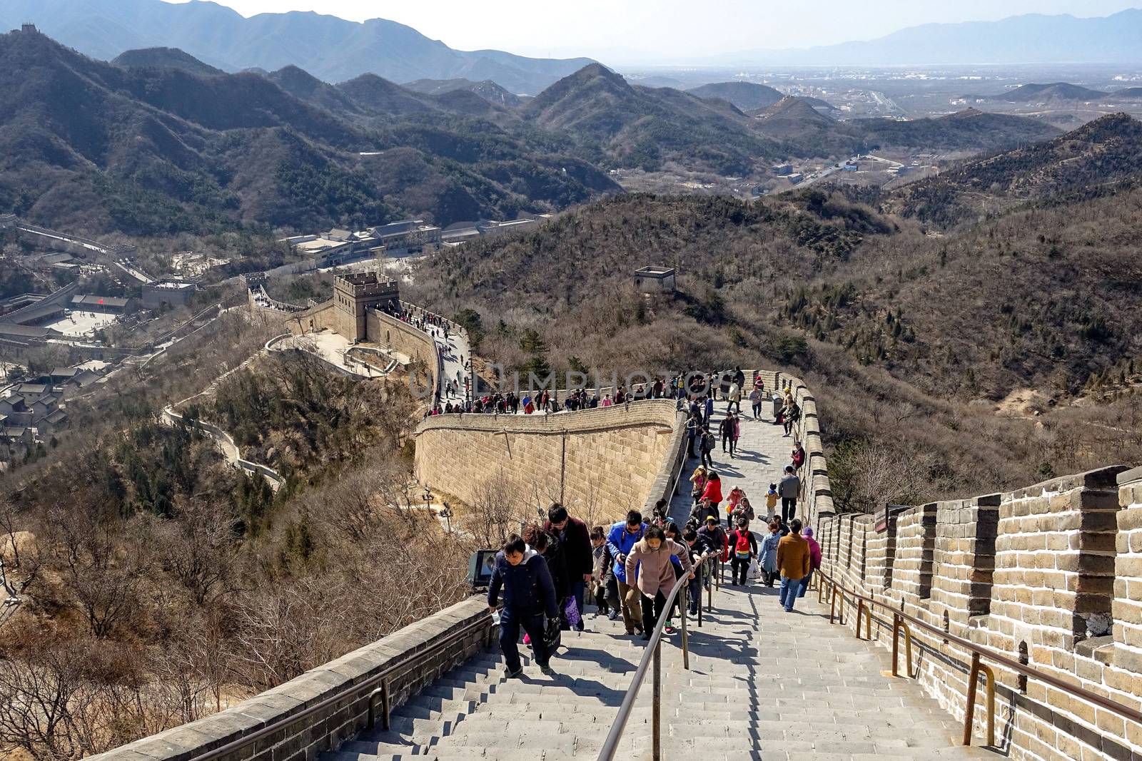 BADALING, CHINA - MARCH  13, 2016: Great Wall of China. Tourists visiting the Great Wall of China near Beijing.