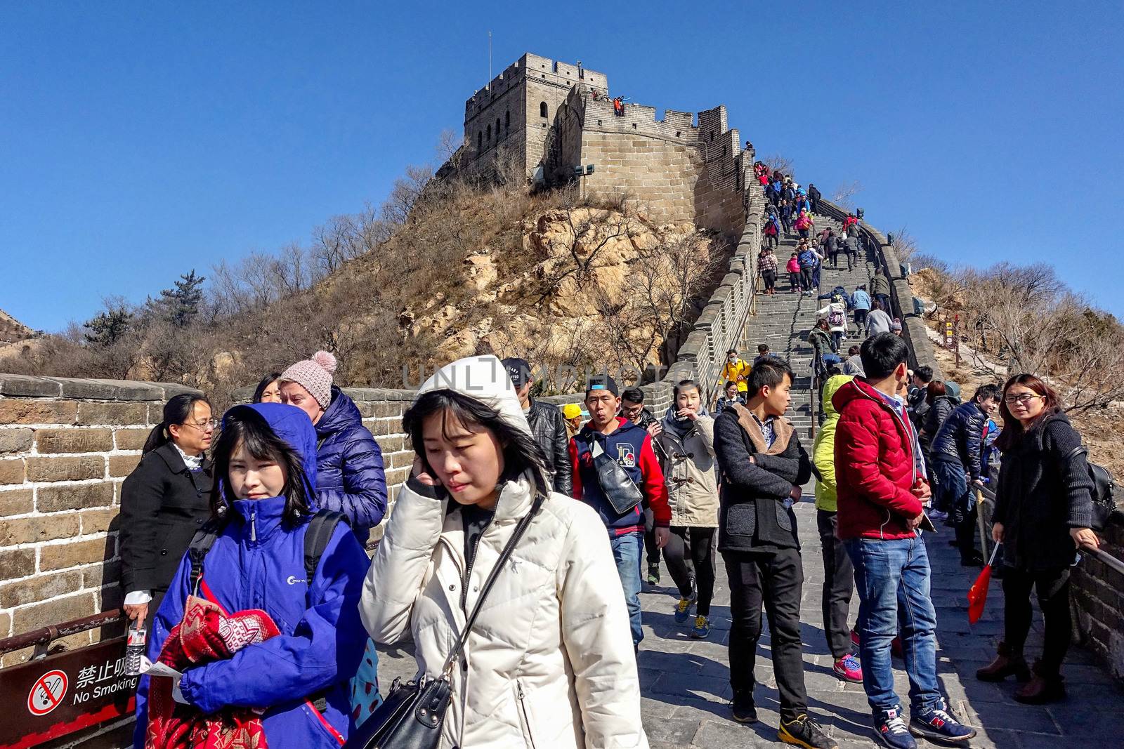 BADALING, CHINA - MARCH  13, 2016: Great Wall of China. Tourists visiting the Great Wall of China near Beijing.