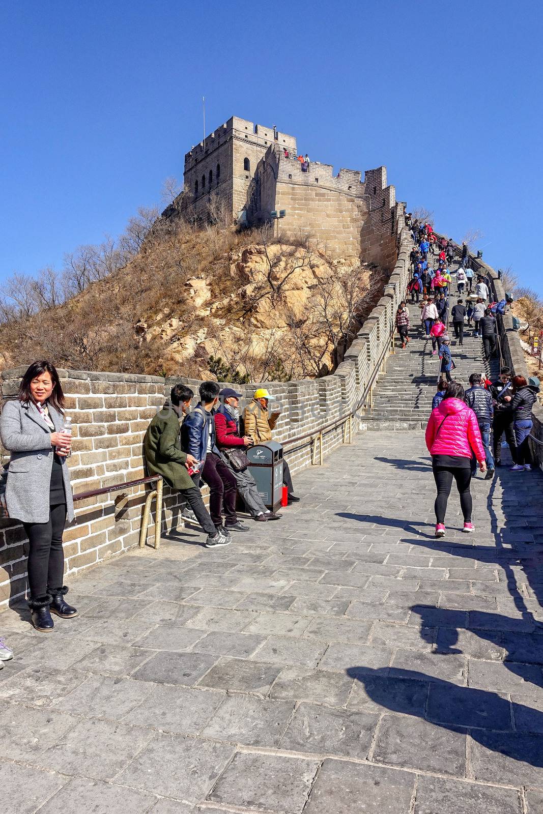 BADALING, CHINA - MARCH  13, 2016: Great Wall of China. Tourists visiting the Great Wall of China near Beijing.