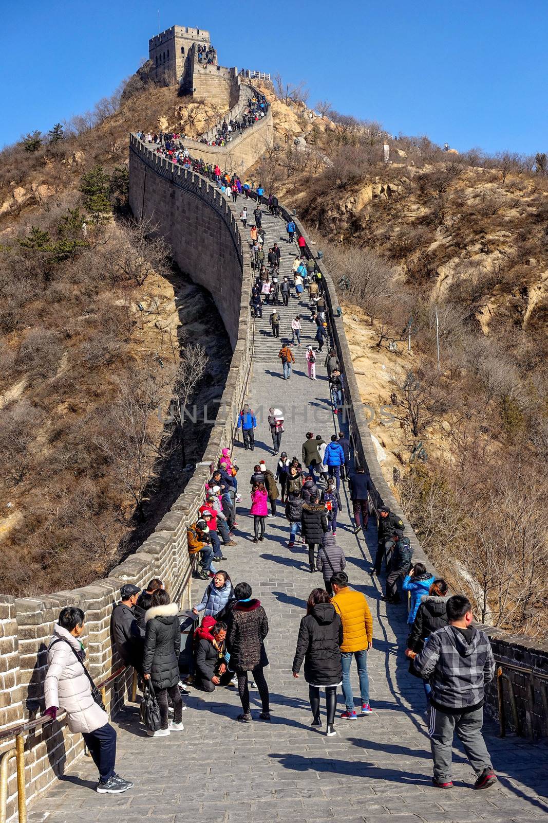 BADALING, CHINA - MARCH  13, 2016: Great Wall of China. Tourists visiting the Great Wall of China near Beijing.