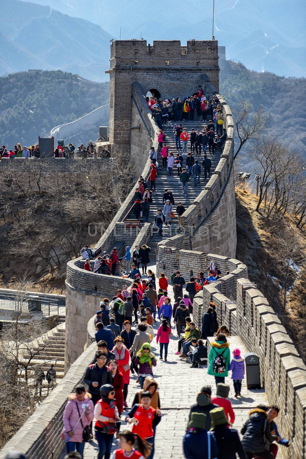 BADALING, CHINA - MARCH  13, 2016: Great Wall of China. Tourists visiting the Great Wall of China near Beijing.