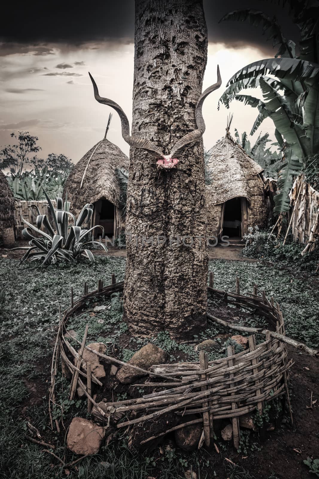Totem in traditional elephant-shaped huts made of wood and straws in Dorze Village, Ethiopia.