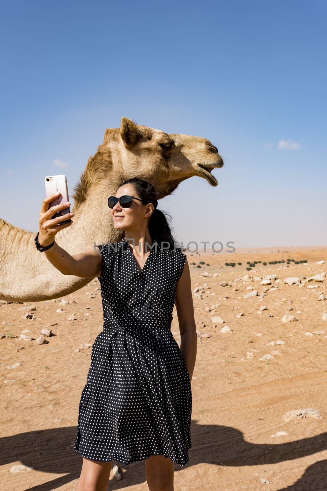 Woman taking selfie with a camel in the desert during a safari
