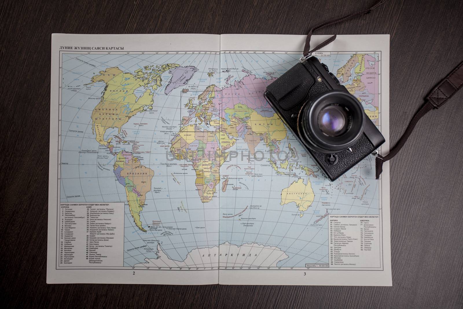 The camera lies on the world map