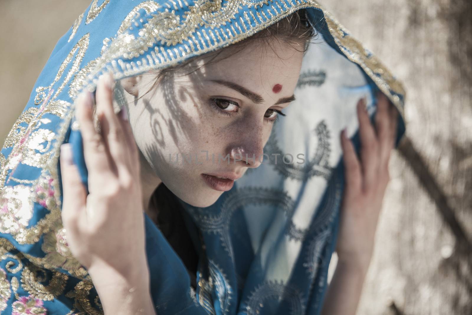 The girl the European covered with a sari, a faces portrait