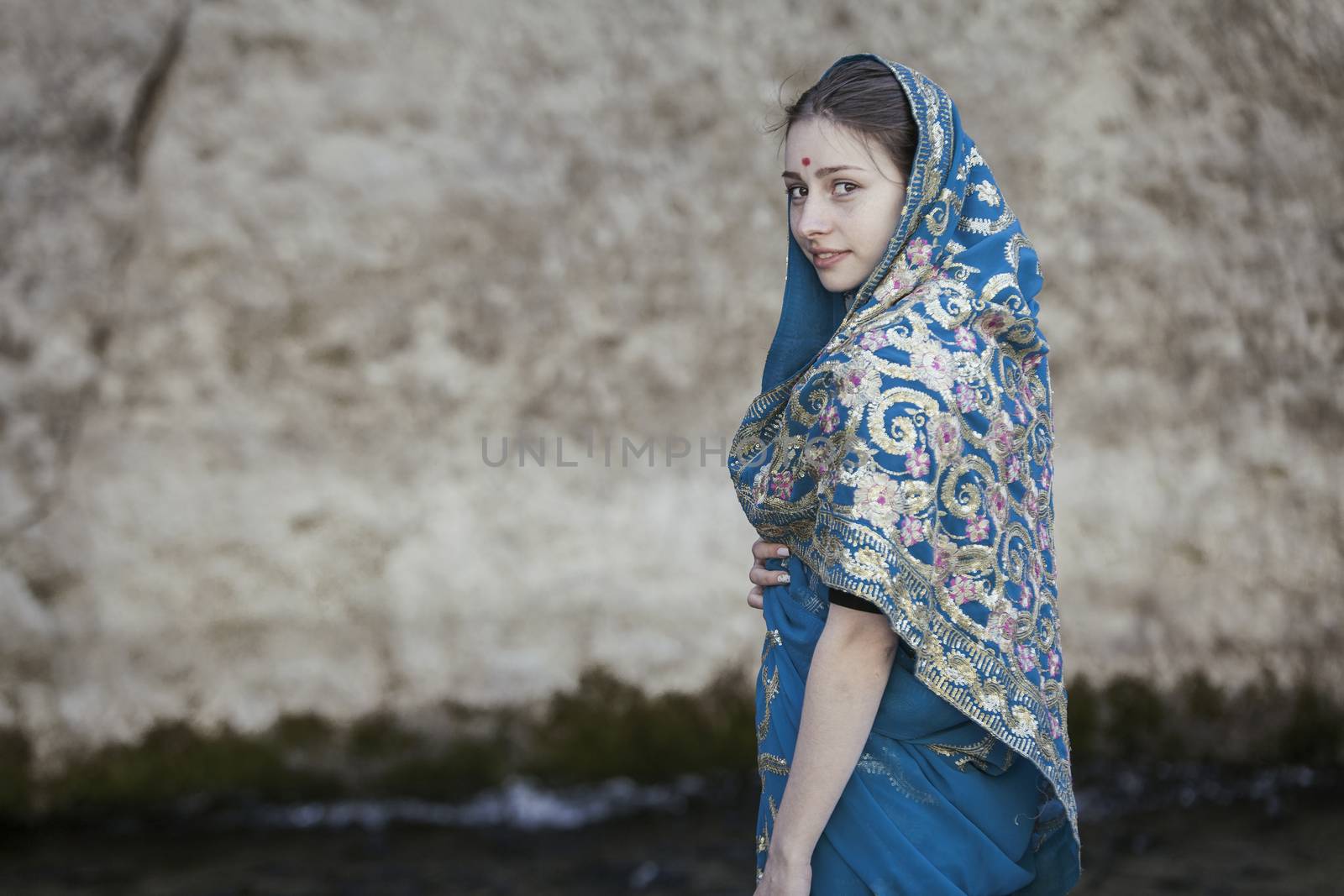 The girl poses in the Indian sari by snep_photo