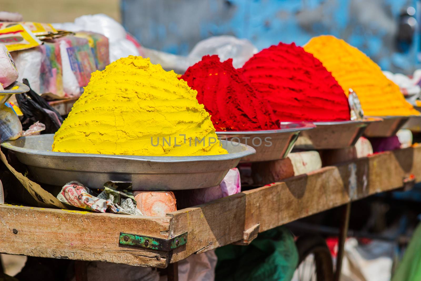 Multi-colored Indian spices in buckets