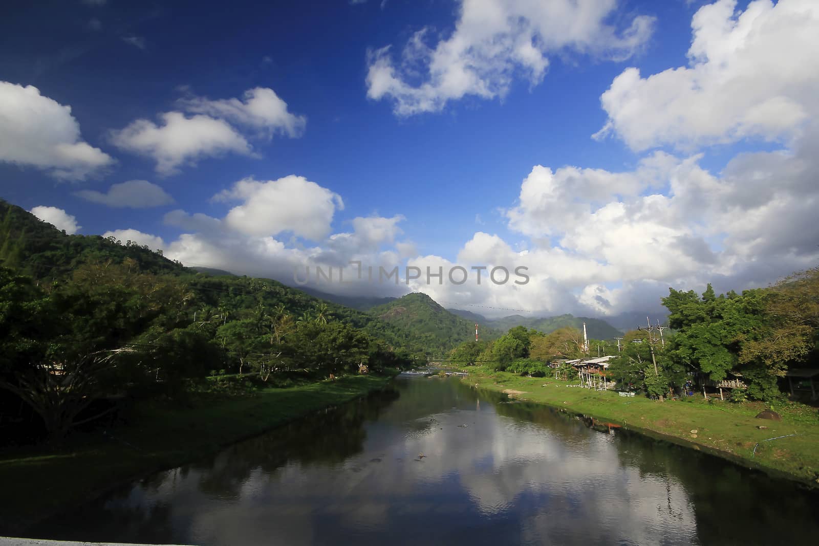 River landscape flows down through the Khiriwong village in Thailand.