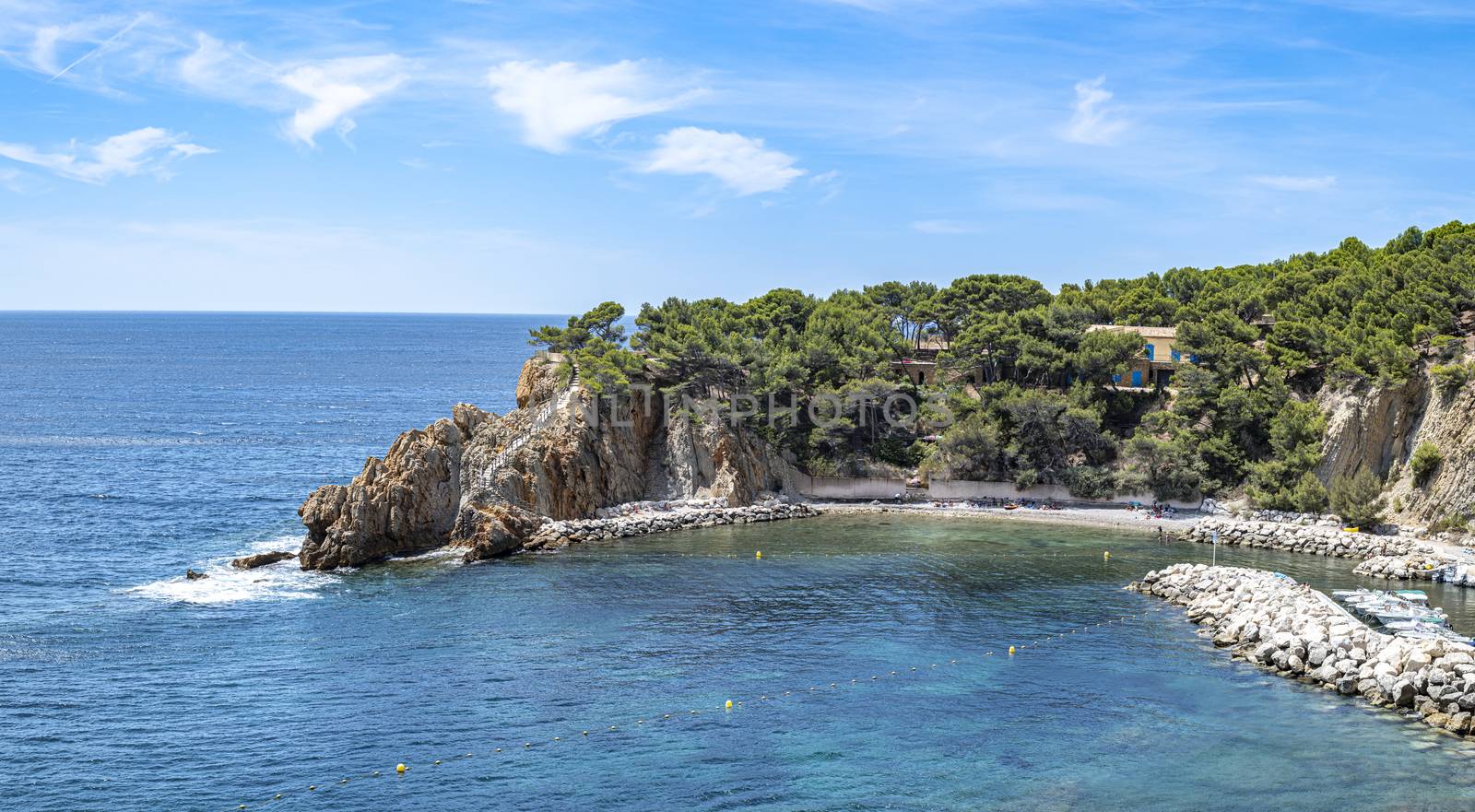 Port and pebble beach of  Calanques of Figuieres, creek of Figuieres and Figuières Cove in Méjean during summer, South of France, Europe