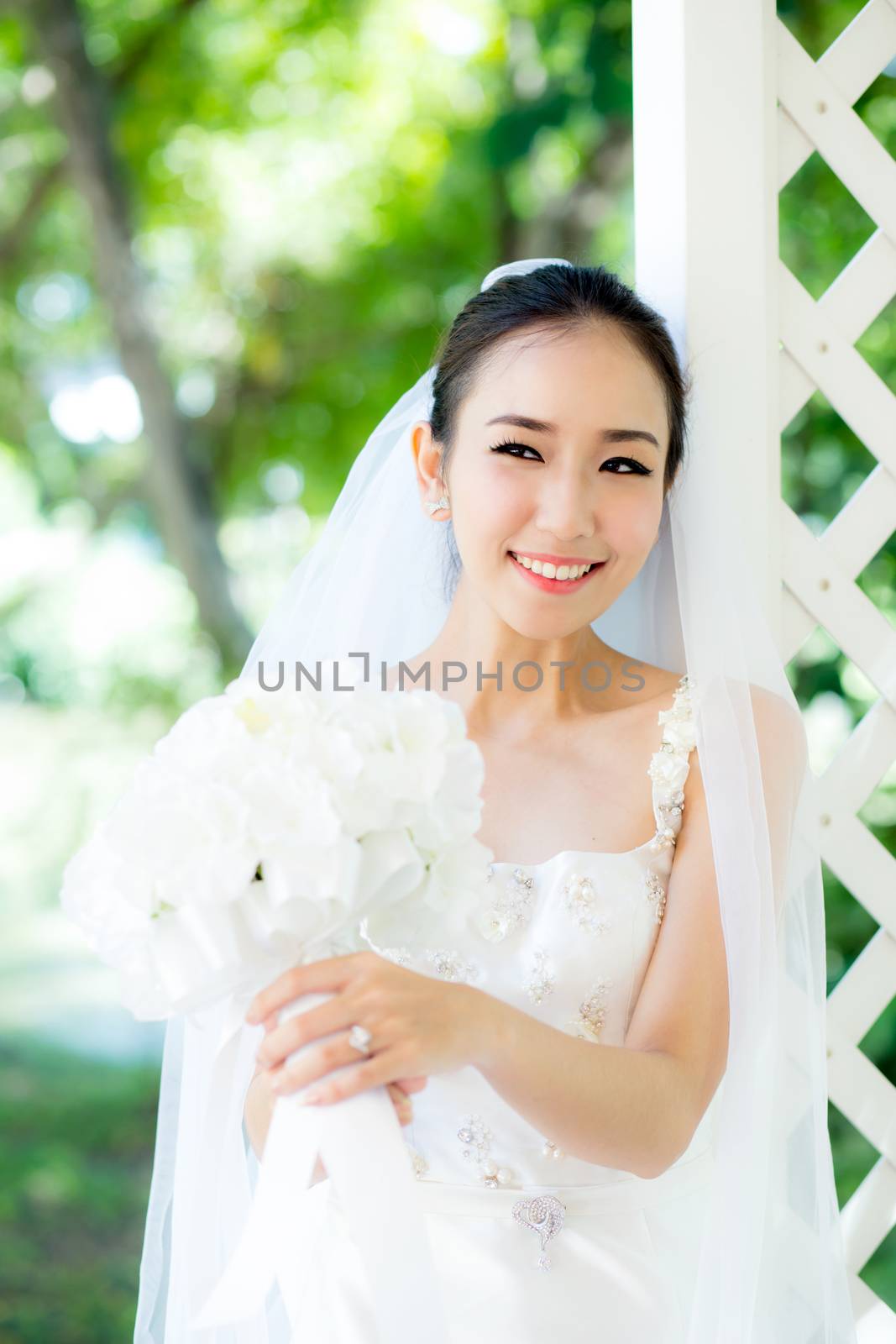 beautiful young woman on wedding day in white dress in the garden. Female portrait in the park.