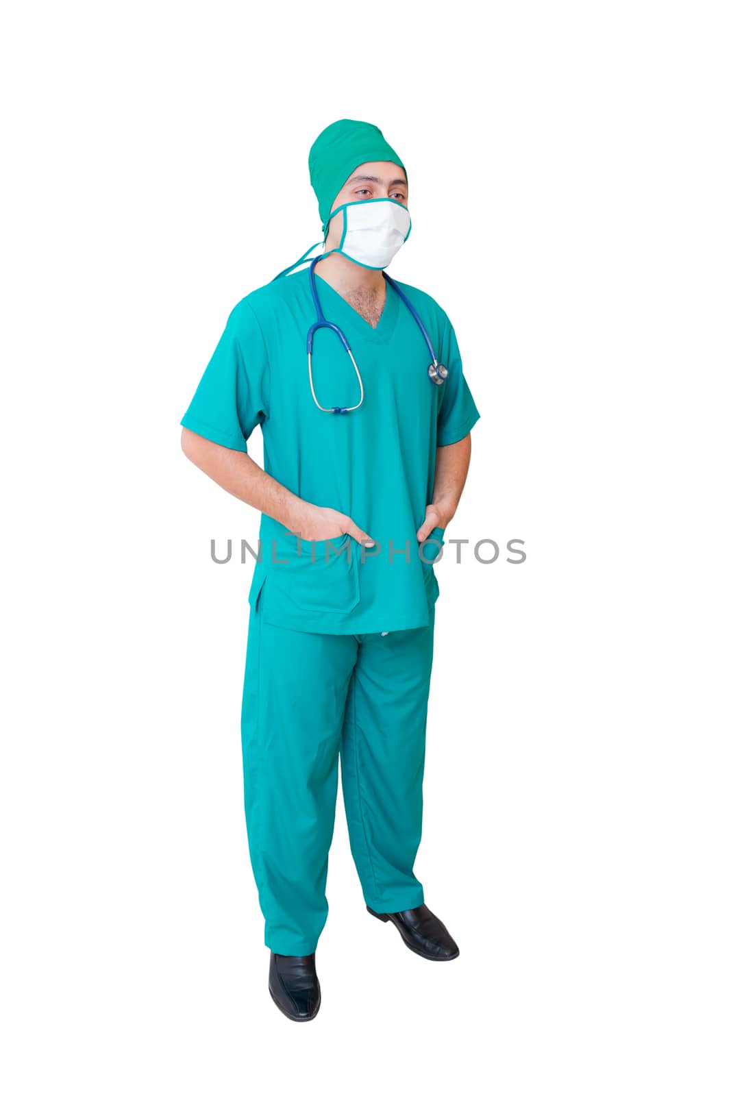 portrait of doctor in mask and green uniform isolated on white b by nnudoo
